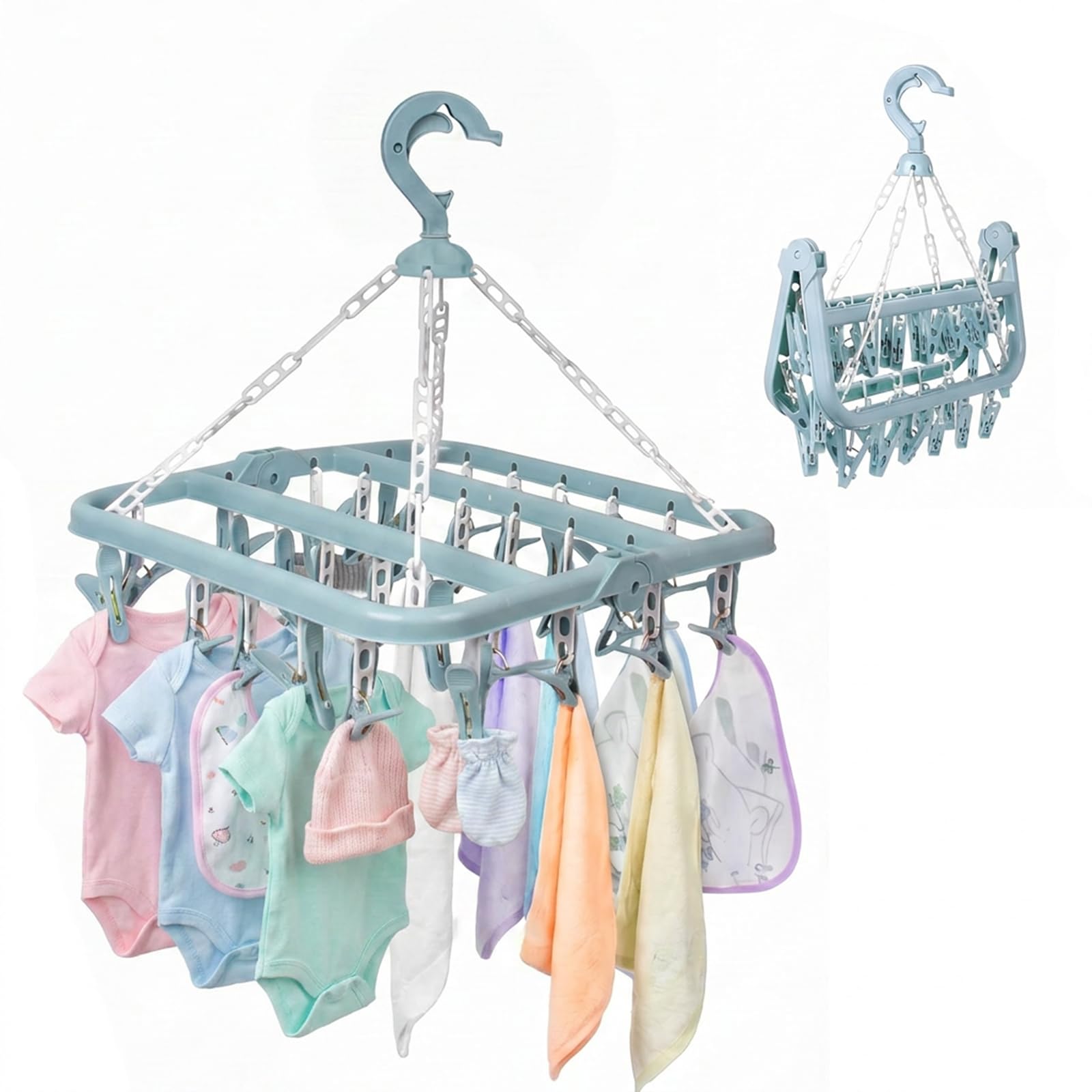 QILUCKY Sock Hanger for Drying,Laundry Peg with 32 Clips (Blue