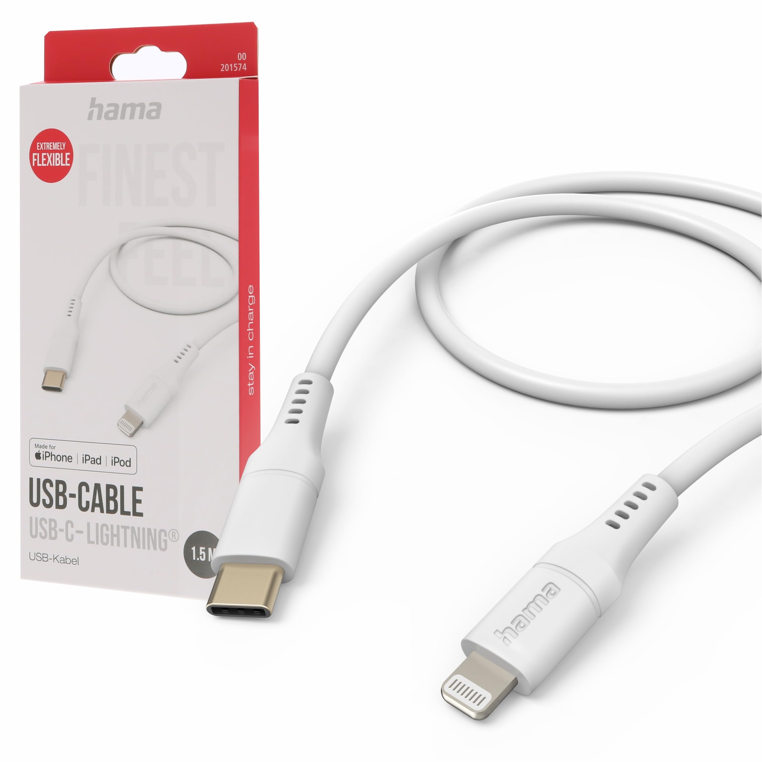 hama ドイツ USB-C Lightningケーブル MFi認証 急速充電 シリコン 1.5m ホワイト iPhone iPad対応 正規輸入品