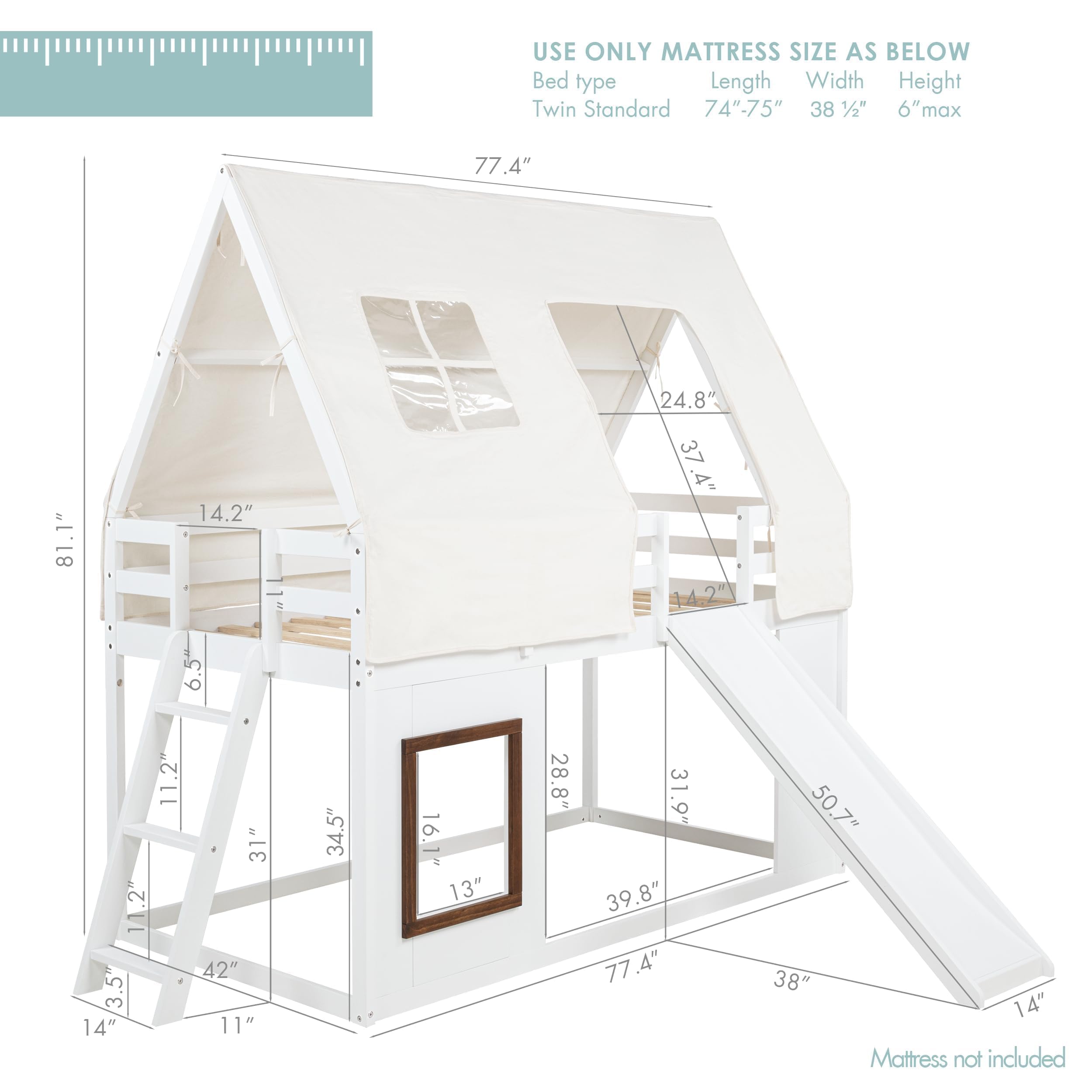 Condition photo showing New/Like New for Spirich Wood Twin Over Twin Bunk Bed with Slide and Ladder, Kids House Bunk Bed Frame with Tent Roof Cover,Windows, White