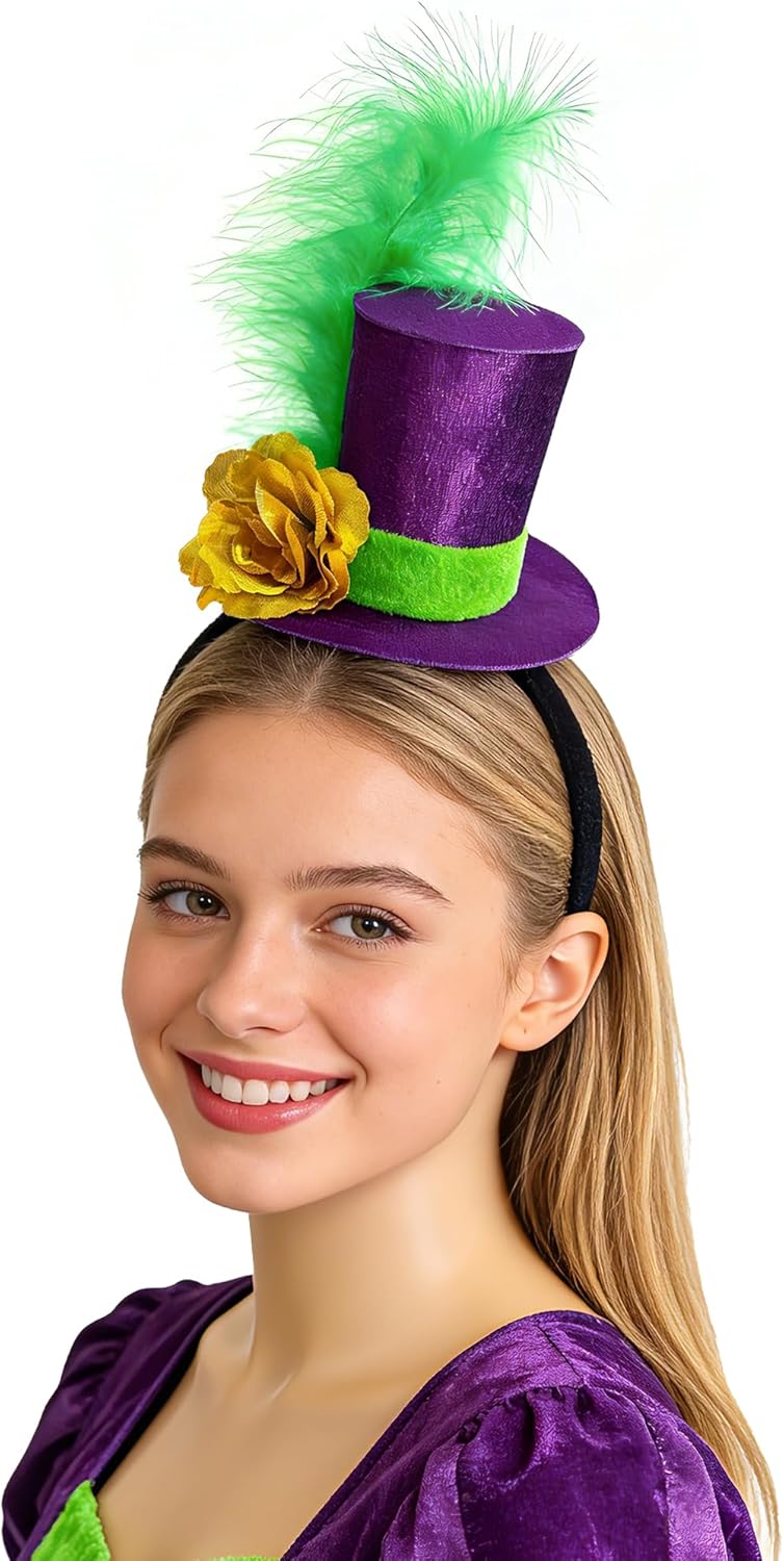Mardi Gras Mini Top Hat Headband with Feather Fascinator for Adults Teens Mardi Gras Costume Party Holiday Event Accessories Purple - Image 8