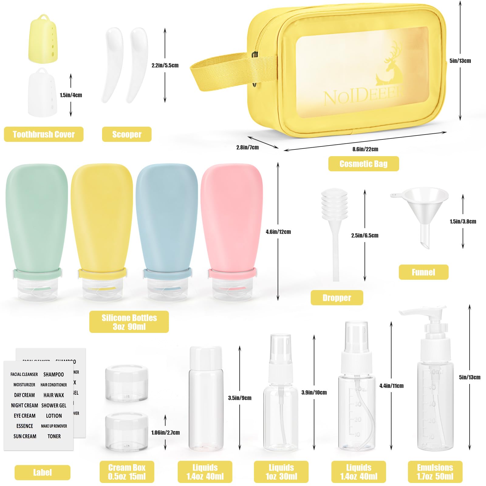 Set 18 Bottiglie da Viaggio in Silicone Approvati per l'Aviazione con Etichette e Beauty Case