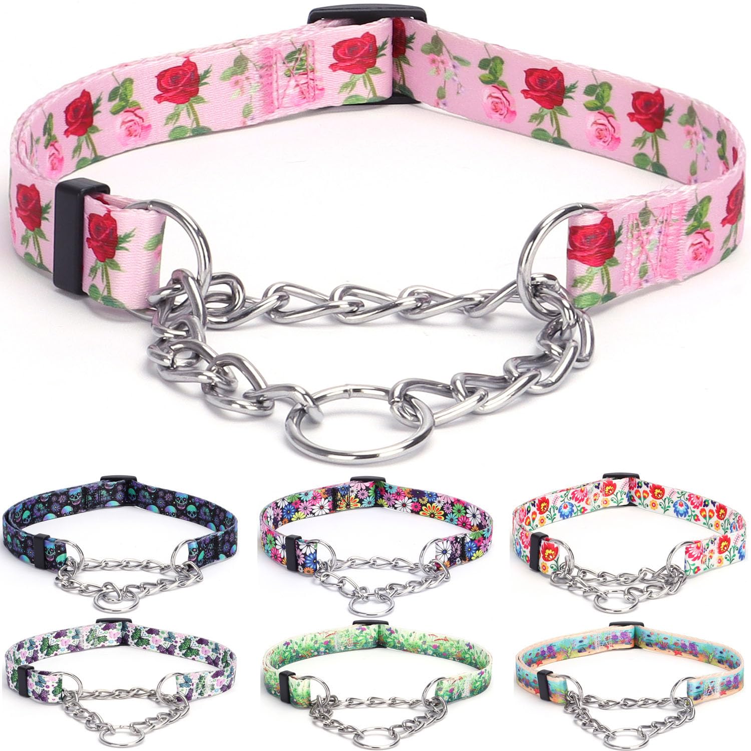 Martingale - Collar para perro, cadena de acero inoxidable, collar de entrenamiento sin tirones con diseño de flores para perros grandes, medianos y pequeños (S, rosas)