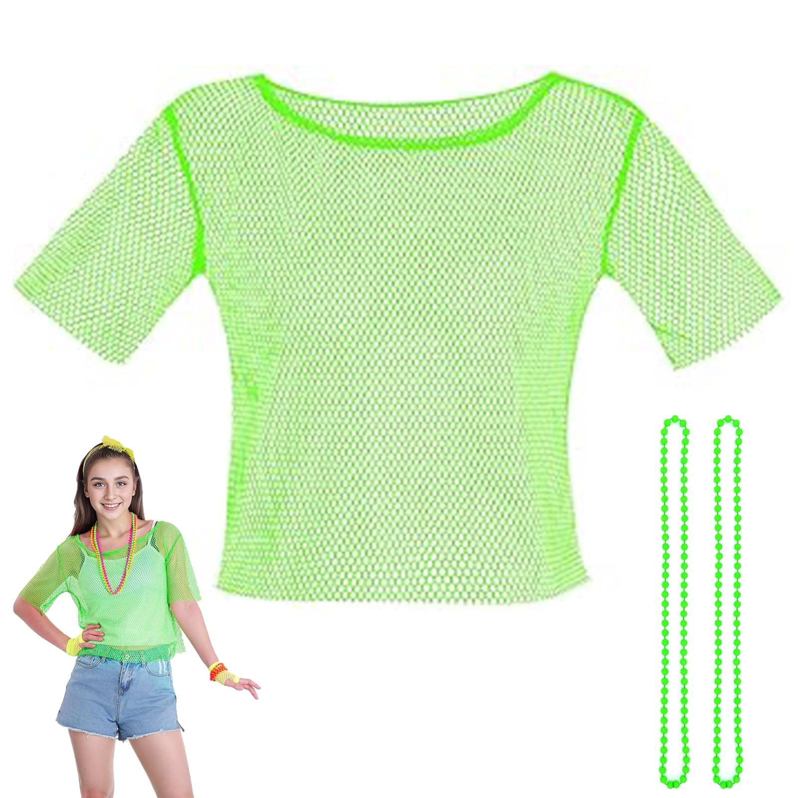 AMBEERT 1 Set Fishnet Top, Neon Clothes, 90s Fancy Dress Women, T-Shirt Fancy Dress Disco Retro Outfit Costume