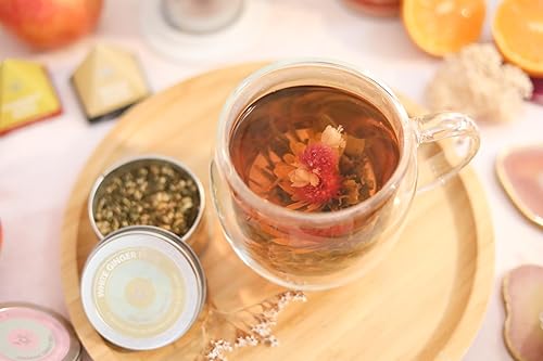 Miniatura 3 de Teabloom Taza de vidrio a prueba de calor de doble pared con infusor de acero inoxidable y tapa blanca, 15 onzas  14.5 fl oz, 2 tés florecientes