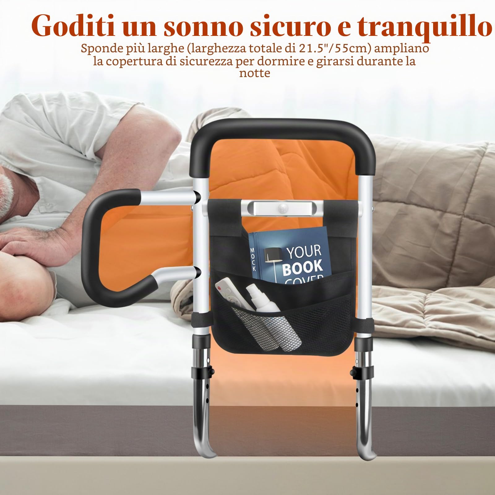 DePango Sponde per letto di sicurezza per anziani, altezza regolabile, con luce di movimento notturna, per anziani, in acciaio al carbonio, per letto matrimoniale king size (in attesa di brevetto)
