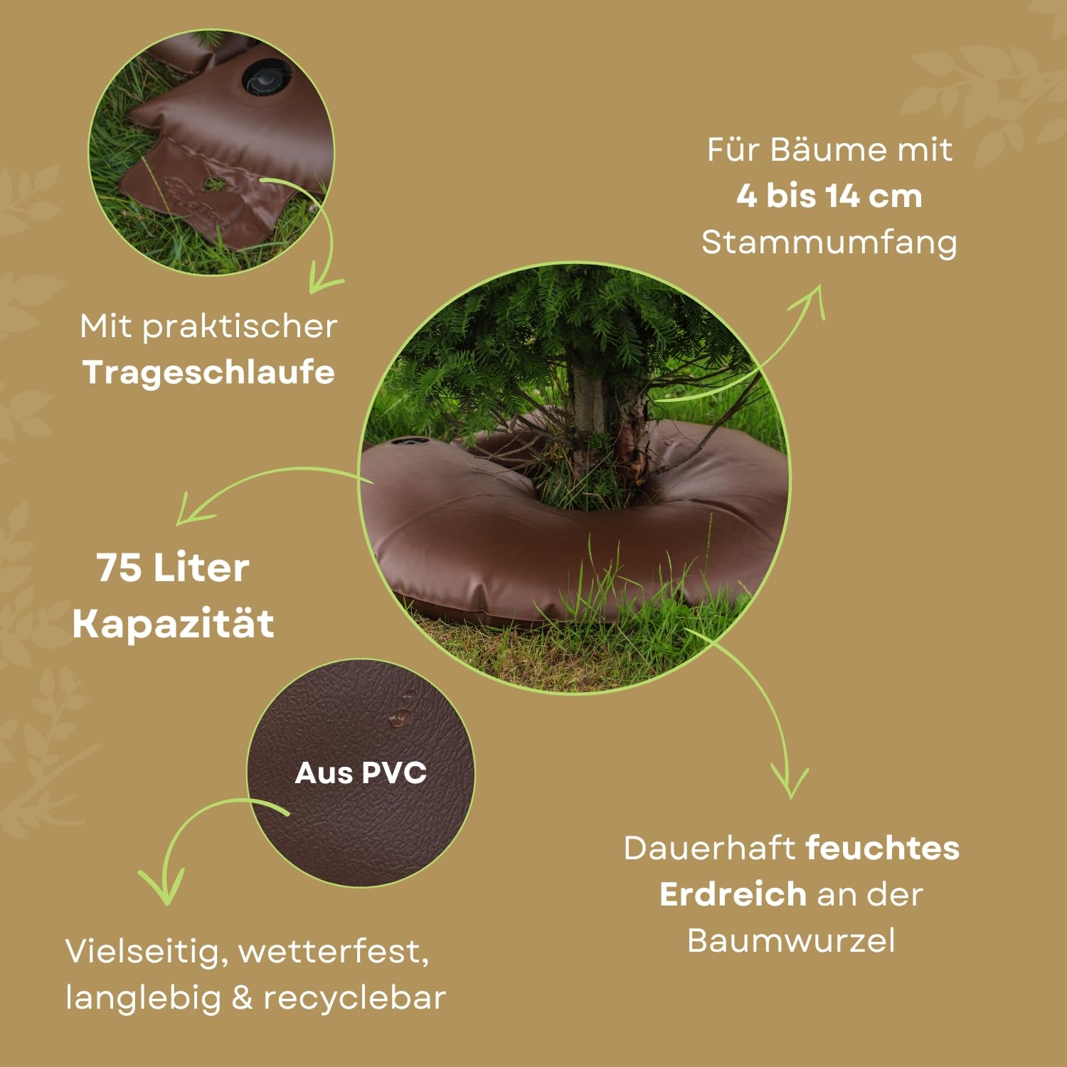 Bewässerungsringe für Bäume 2 x 75L / 98cm I Bewässerungssäcke aus PVC brauner Bewässerungs-Sack zur gezielten UV-Stabiler