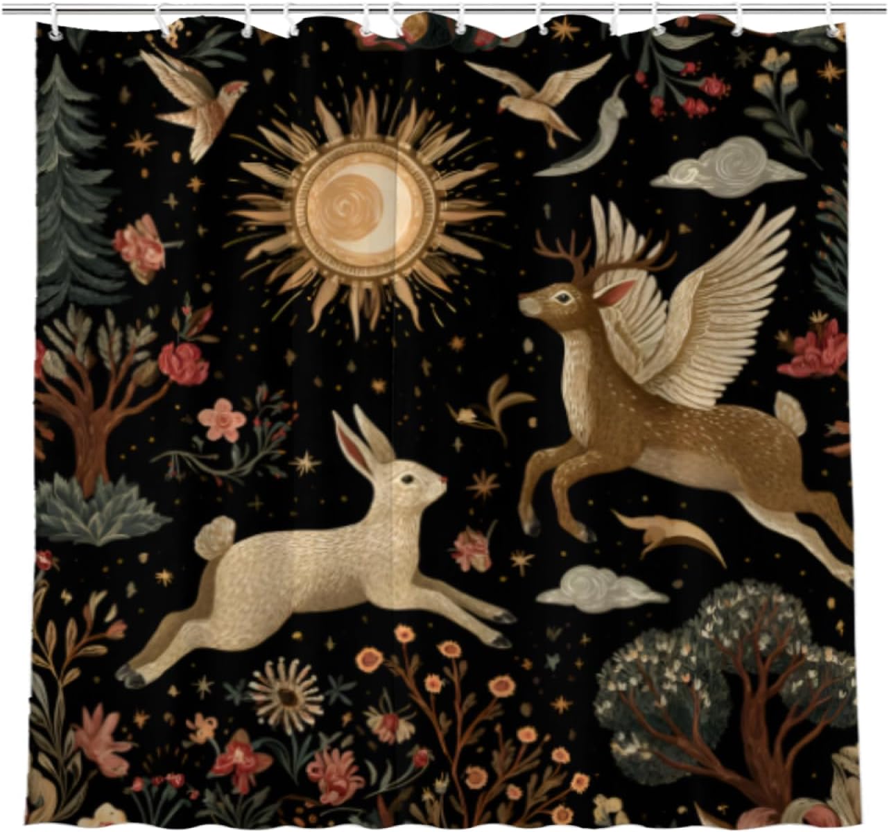 Shower Curtain, Medieval Tapestry Design with Winged Rabbits and Sun, Black Background with Floral Pattern, 72x72 Inches, Polyester, Includes 12 Hooks (Rabbits and Sun)