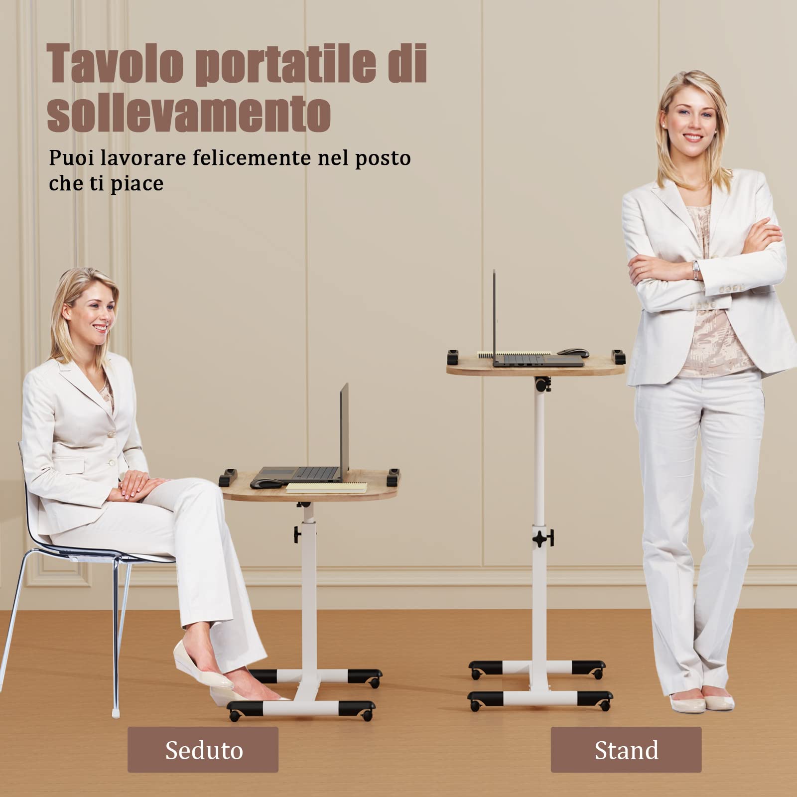 Tavolino da Letto con 4 Ruote, Scrivania per Computer con Ruote, Regolabile in altezza e in inclinazione, Struttura in Metallo, per Soggiorno Camera da Letto Ufficio 60x40x61-95cm