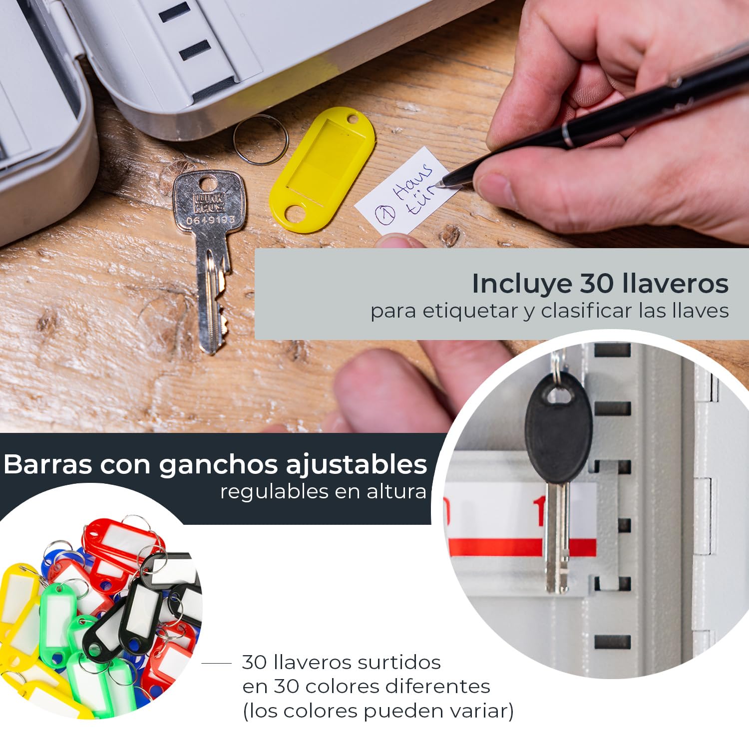 HMF Caja para Llaves Grande de Acero, Armario para Llaves con Cerradura para recibidor, despacho o Garaje | 30 Ganchos para Llaves | 30 x 24 x 7,5 cm | Gris Claro