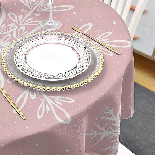 Miniatura 4 de Mantel redondo de Navidad con diseño de copo de nieve rosa de 54 pulgadas, protector de tela impermeable, mantel de Navidad con copos de nieve de
