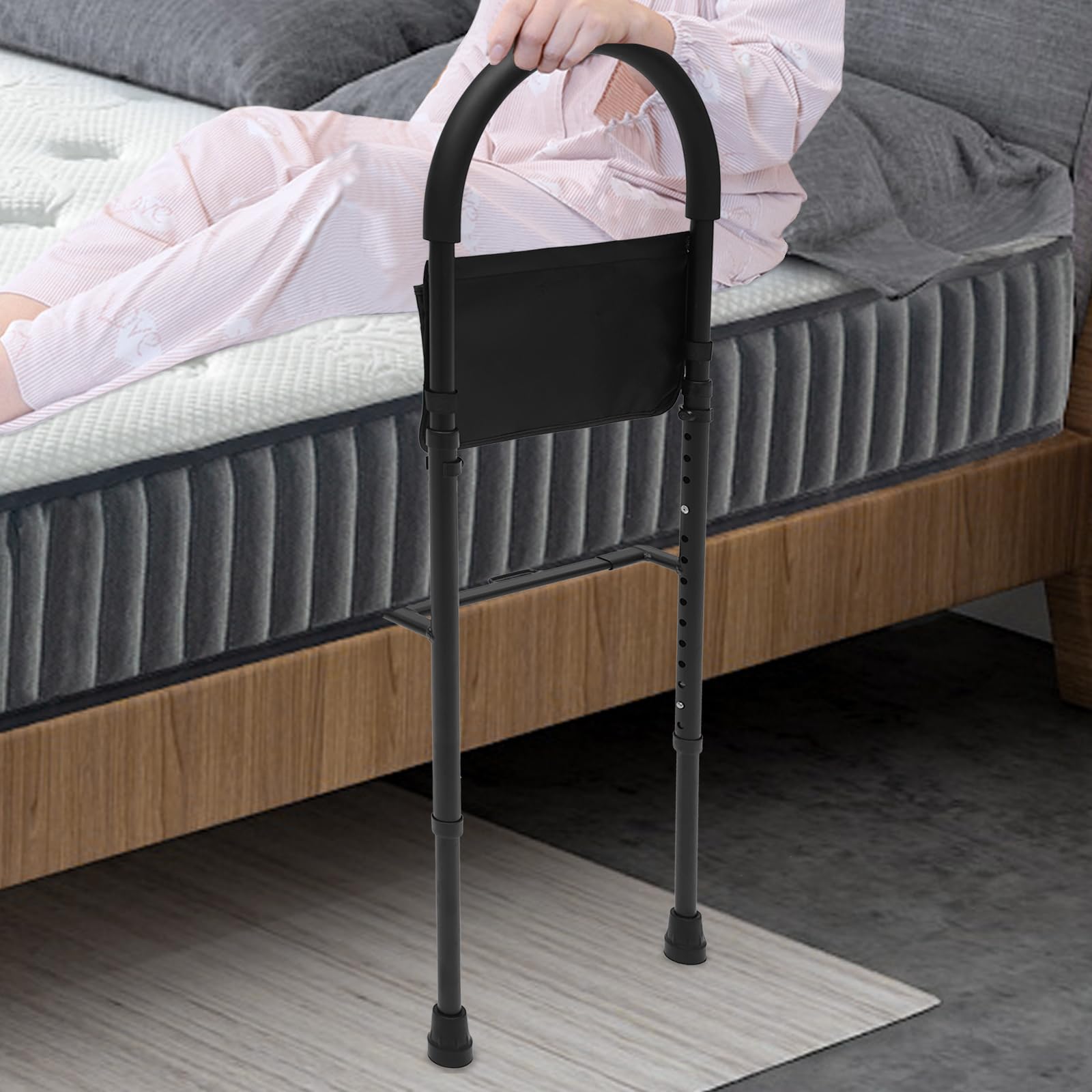 Barandilla de cama 2 en 1, barandillas de cama para adultos mayores, barandilla de cama de seguridad de altura ajustable, barra de pasamanos de asistencia segura con bolsa de almacenamiento, capacid