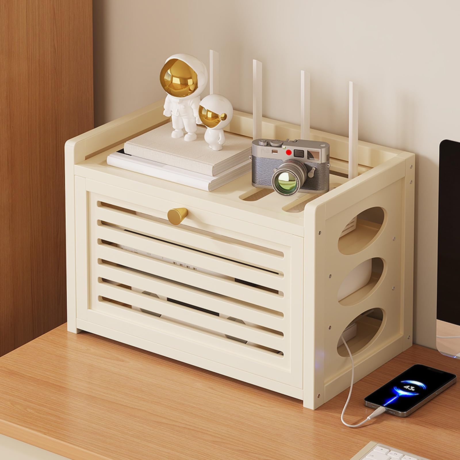 HARELA Home Router Aufbewahrungsbox Versteckte WLAN-Router-Box, Heimmedien-Aufbewahrungsschrank, Schwebendes Regal, Steckdosenleiste und Kabelmanagement-Organizer(White,11.8x7.9x11in)