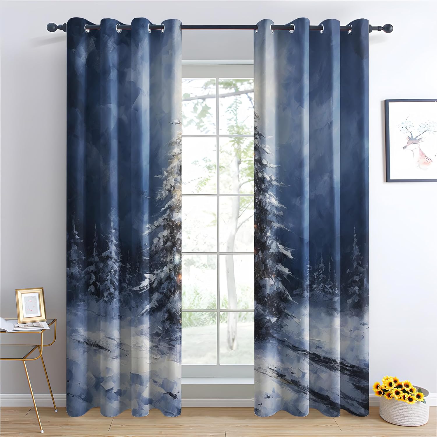 Pine Tree Blackout Curtains 39 Inch Length, Christmas Tree Curtains for Bedroom Living Room Decor, Landscape Black Out Grommet Window Drapes 27.5 x 39, 2 Panels Set