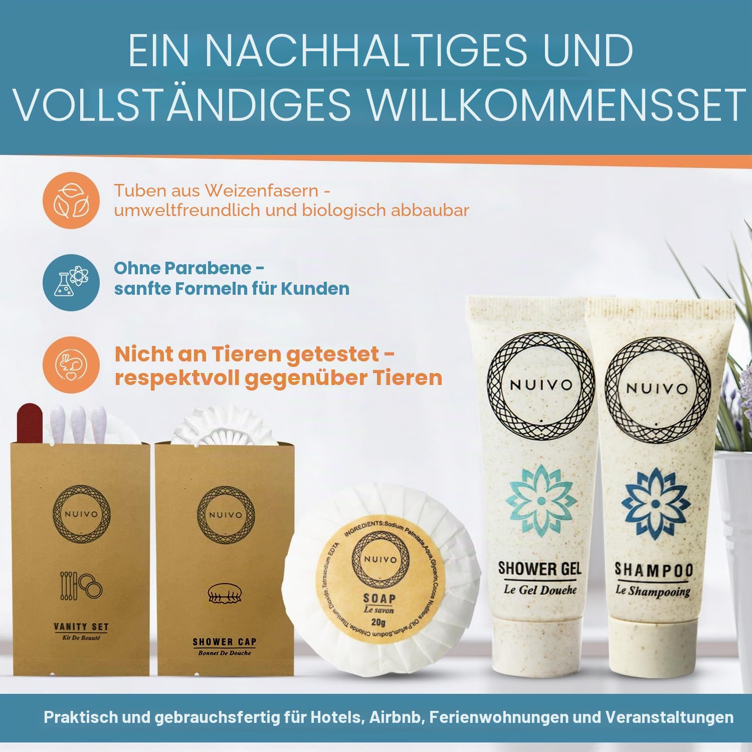 50 Stück Umweltfreundliches Starter-Set für Hotel, Airbnb, Gîte, Hochzeit, Seminar – Mini-Shampoo, Duschgel, Seife, Kosmetikset, Badekappe – parabenfrei, Reisegröße