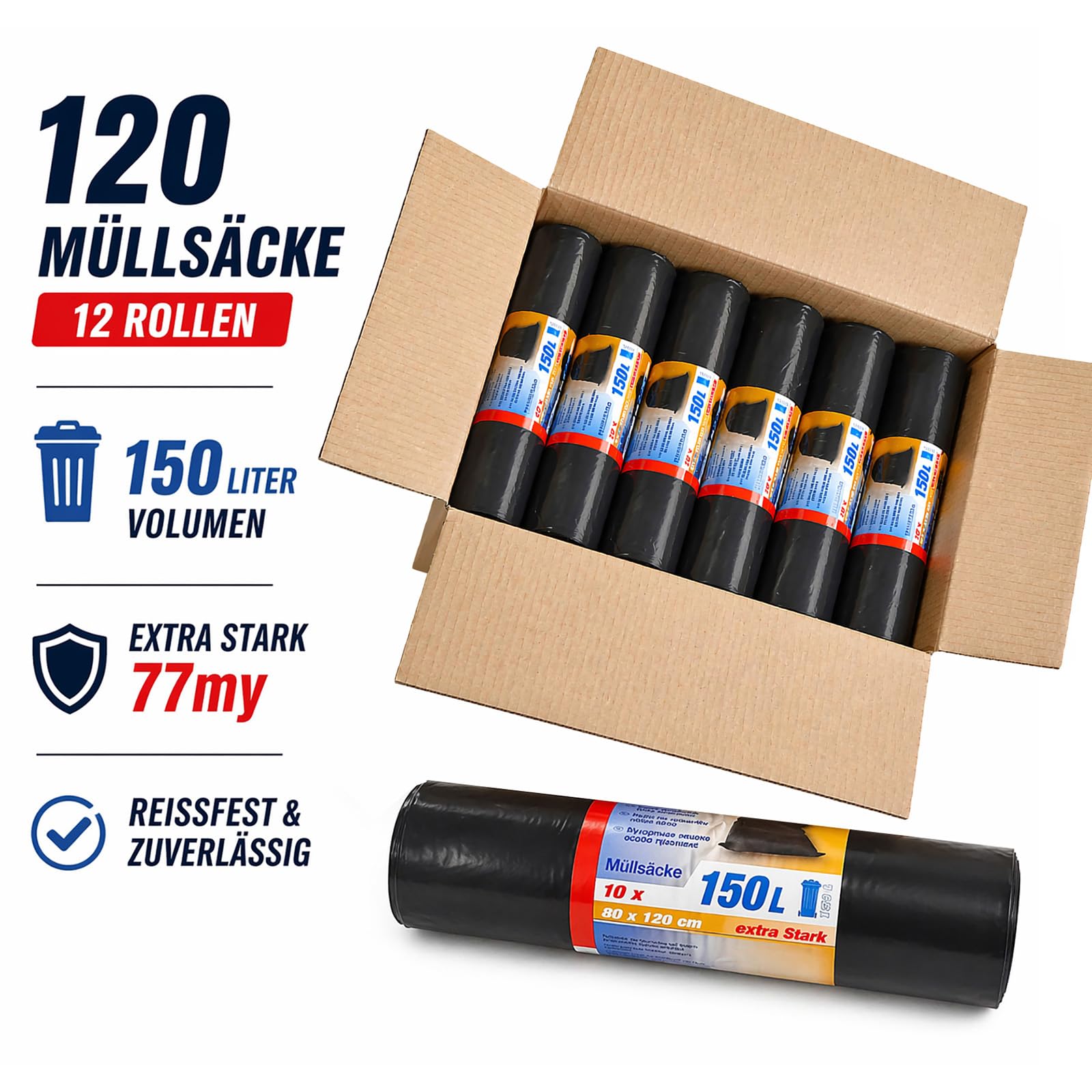 Sacco per rifiuti 150 L (77 my) - sacchi per rifiuti XXL antistrappo - 10 pezzi per rotolo - robusti sacchi per rifiuti grigio/nero per giardino, casa, cantiere e gastronomia come sacco per rifiuti.