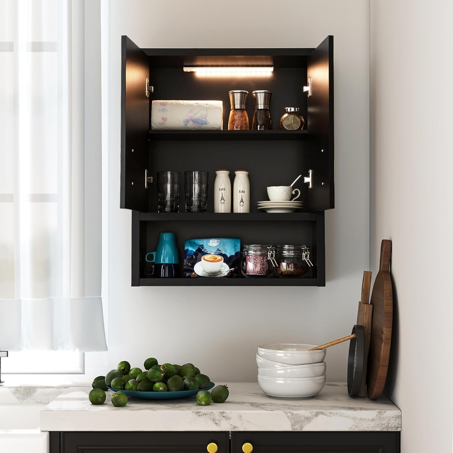 VANIRROR Black Wall Cabinet 23x29 inch for Bathroom Laundry Room Bedroom Kitchen Wood Medicine Cabinet, DIY Lighting, Soft-Close Hinge, 2 Door,Above Toilet Storage