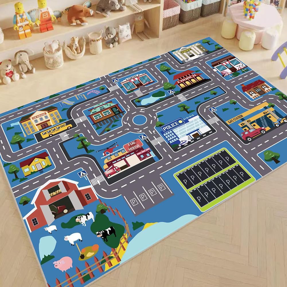 Tappeto da gioco per auto giocattolo, Tappeto Stradale per Bambini, per Bambini AntiscivoloTappetos Soggiorno e Camera da Letto -80×120cm
