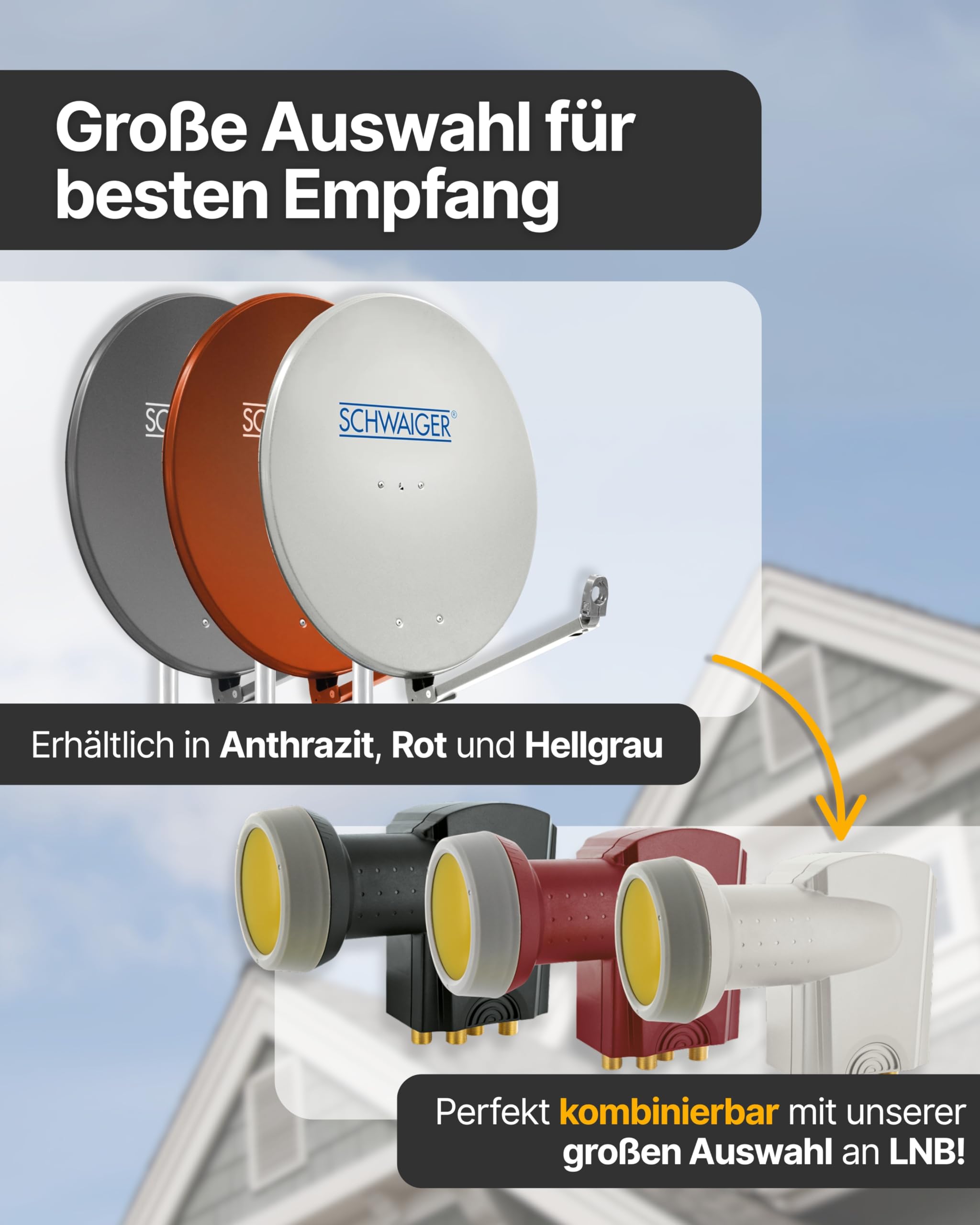 SCHWAIGER Satellitenschüssel I Ø 90 cm Aluminium Offset Antenne in hellgrau I Multifeed geeignet & wetterfest I SAT Schüssel mit LNB Tragarm & Masthalterung I maximale Empfangsleistung 39,5dB