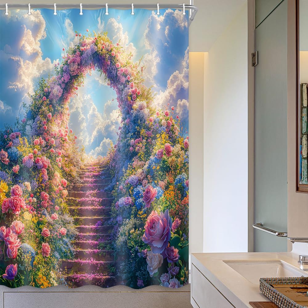Colorful Flower Shower Curtain Spring Summer Blue Sky and White Clouds Water Color Floral and Leaves Botanical Bathroom Decor Waterproof Fabric Shower Curtain Set with Hooks 71x84inch.