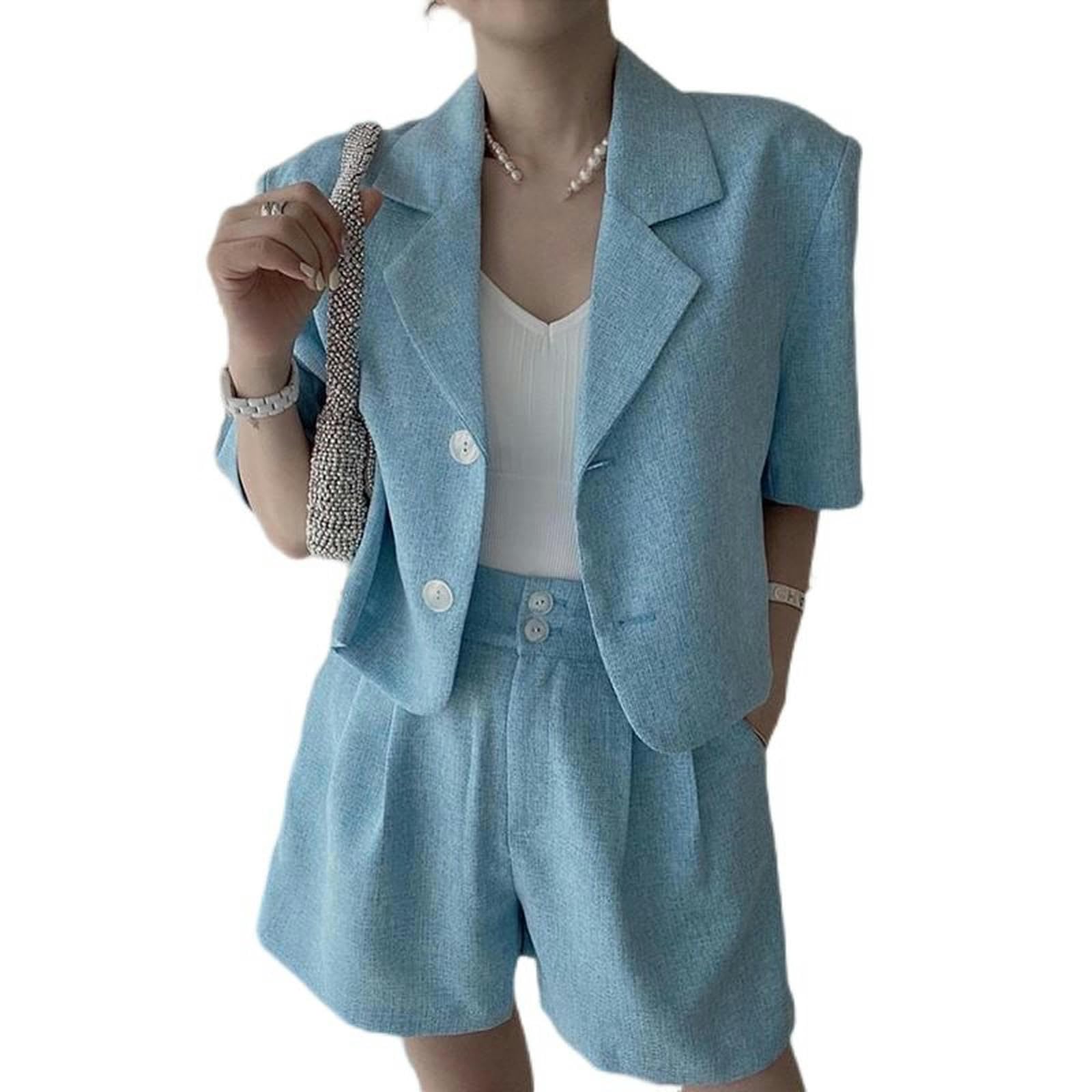 Sommer-Temperament-Kurzjacke mit Anzugkragen + hoch taillierte, vielseitige Zwei-Knopf-Shorts mit weitem Bein – graue Aprikosenjacke – S