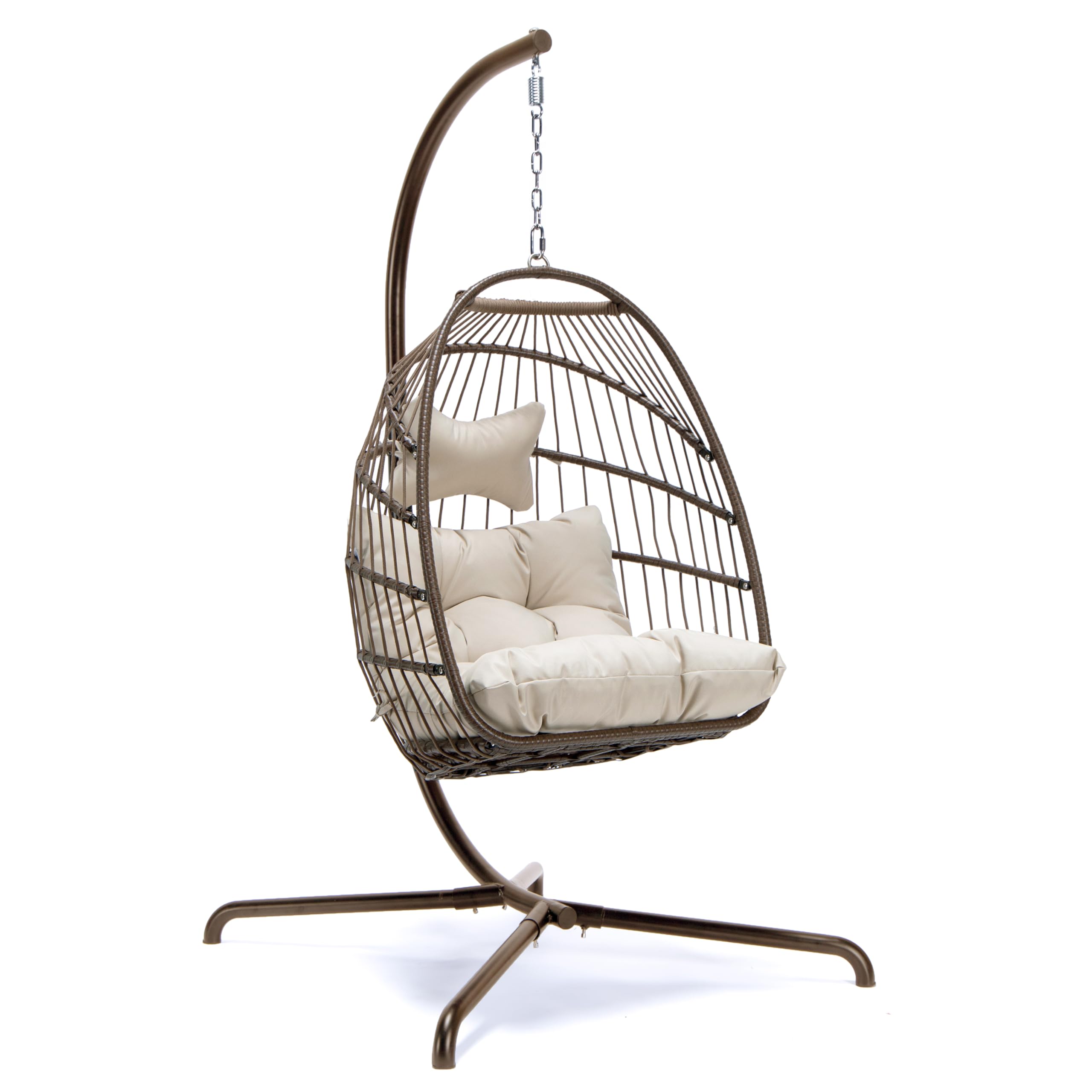 NICESOUL Swing Egg Chair with Stand Indoor Outdoor, Comfy Rattan Patio Basket Hanging Chair with Cushion & Pillow, 350lbs Weight Capacity Egg Hammock Chairs with Base for Bedroom Balcony, Brown