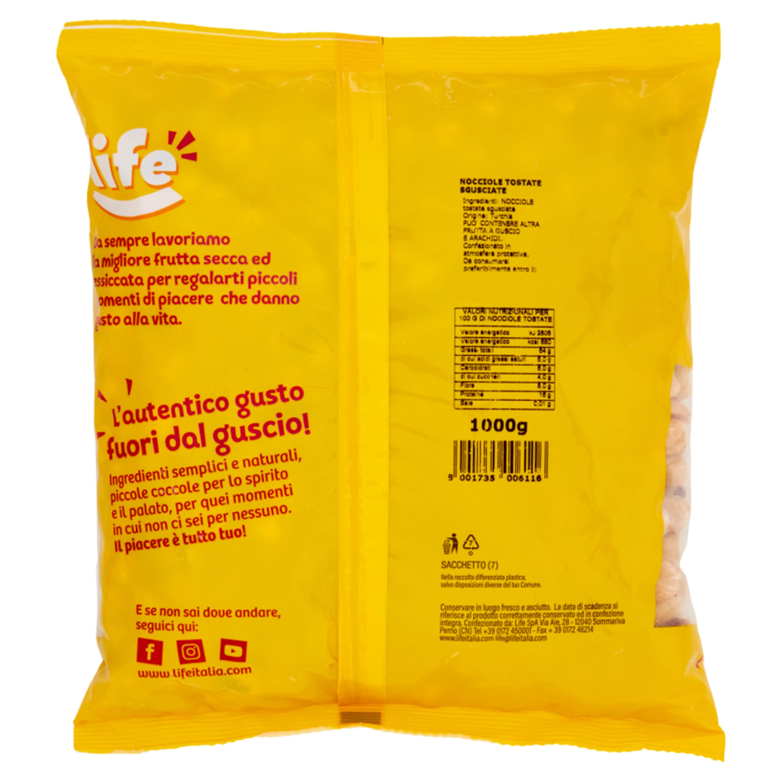 Life | Nocciole Tostate e Sgusciate, Ricche di Fosforo, Magnesio e Potassio, Frutta Secca Ideale come Snack, Formato Convenienza da 1kg