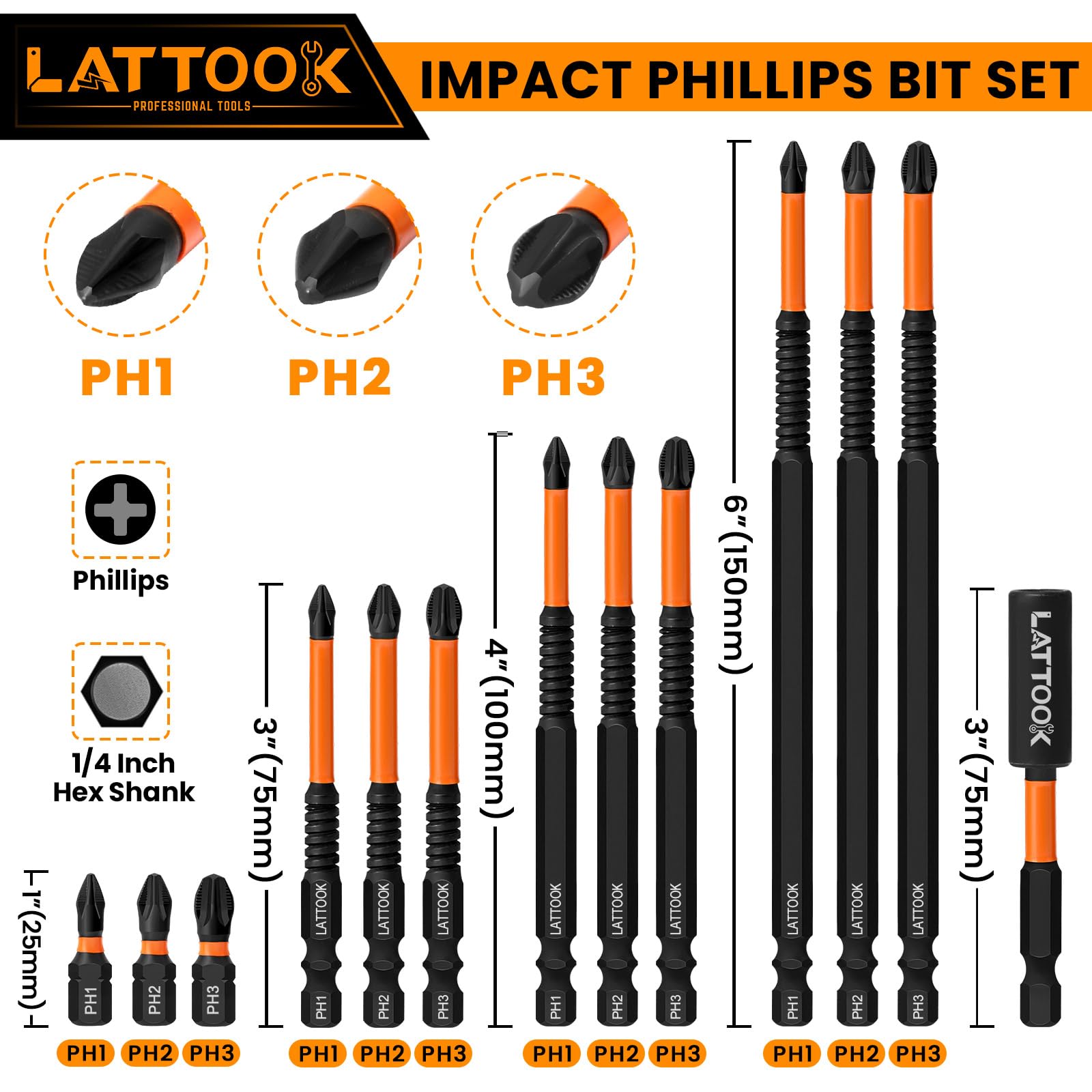 Set di 13 punte per cacciavite a croce a percussione, con attacco esagonale S2 in acciaio S2, Ph1, Ph2, Ph3, magnetiche, antiscivolo, lunghe