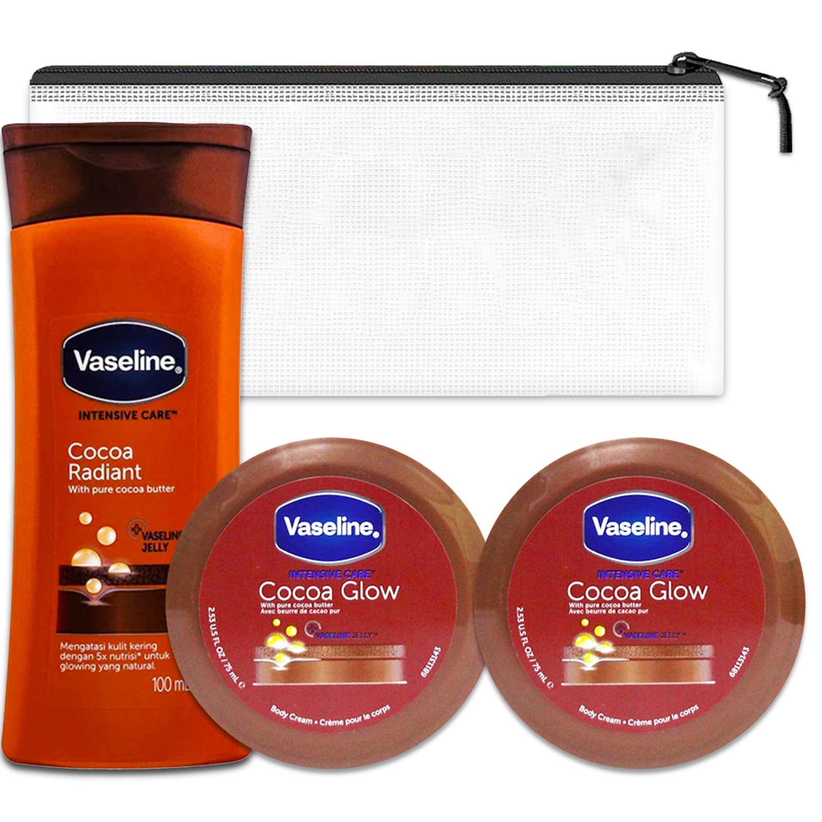 Vaseline Cocoa Glow Body Cream and Lotion Bundle - 3 Pack Travel Set with 2 Cocoa Glow Body Cream 75 ml and 1 Travel Size Lotion 100ml Plus Travel Bag | Travel Size Body Lotion for Adults