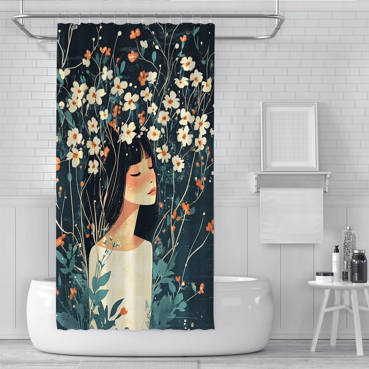 Vintage Mädchenporträt weiße Blumen Duschvorhang W240xL180 cm