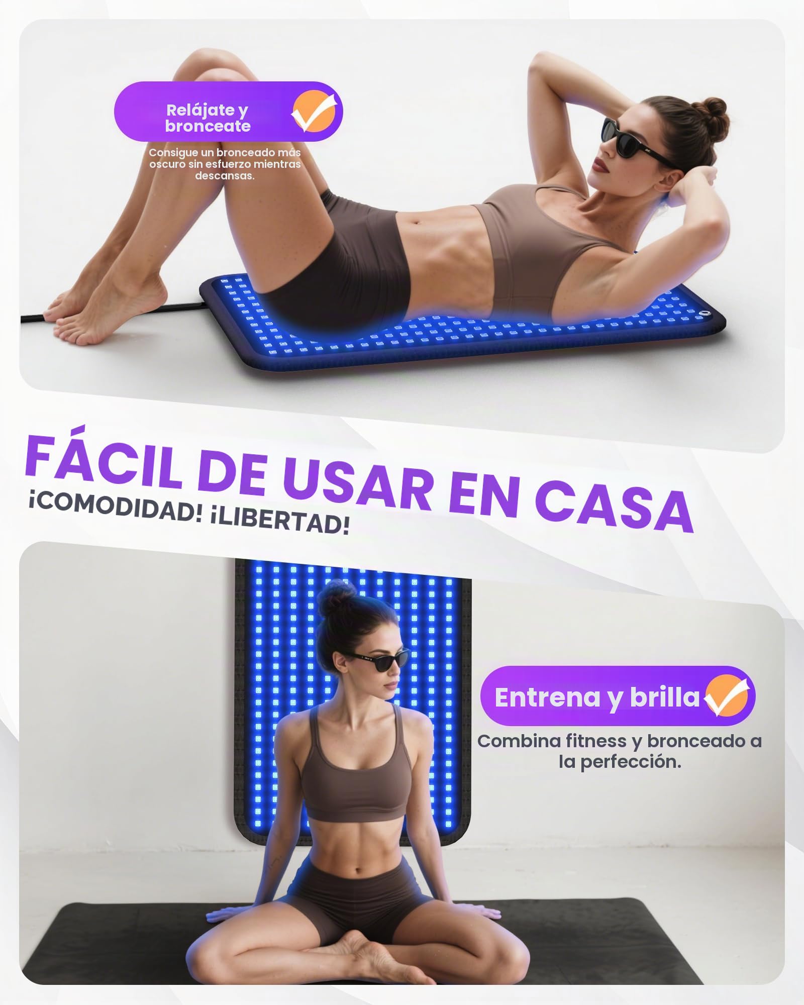 Lámparas bronceadoras 460 nm 490 nm 100x60 cm, bronceador facial 5 intensidades, 3 modos constante/10 Hz/40 Hz pulso, tumbado/colgado