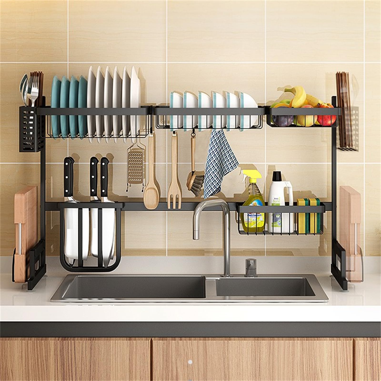 Homewell - Escurridor de platos de cocina, escurridor de platos y fregadero de acero inoxidable en el fregadero, escurridor con soporte para platos y marco de tabla de cortar