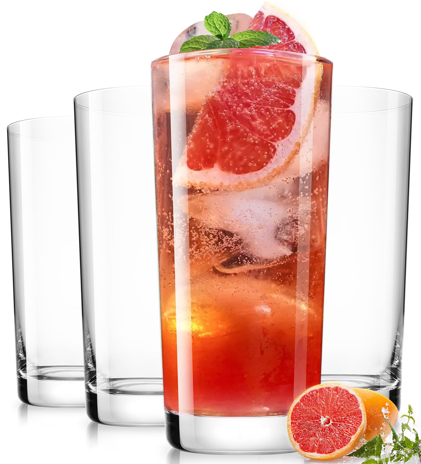 LUNA MANTHA Drinking Highball Glasses Set of 4 Water Glasses 16 oz Wide Mouth Design Lead-Free Crystal Glassware