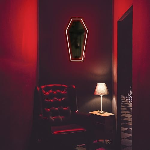 Miniatura 8 de Kavaas Espejo de ataúd de neón de 16.9 x 9.6 pulgadas, letrero de espejo de luz LED gótica para decoración de habitaciones góticas, sala de estar,