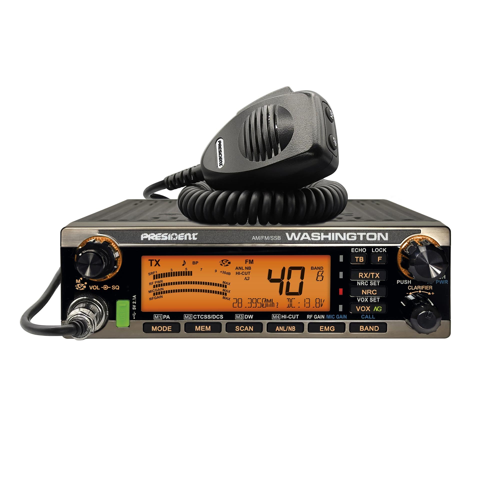 President Washington 100W – Ricetrasmettitore CB/Radioamatore HF 10m/12m, AM/FM/USB/LSB, 100W PEP, Porta USB, VOX, SWR, Bluetooth Compatibile, Stazione Base