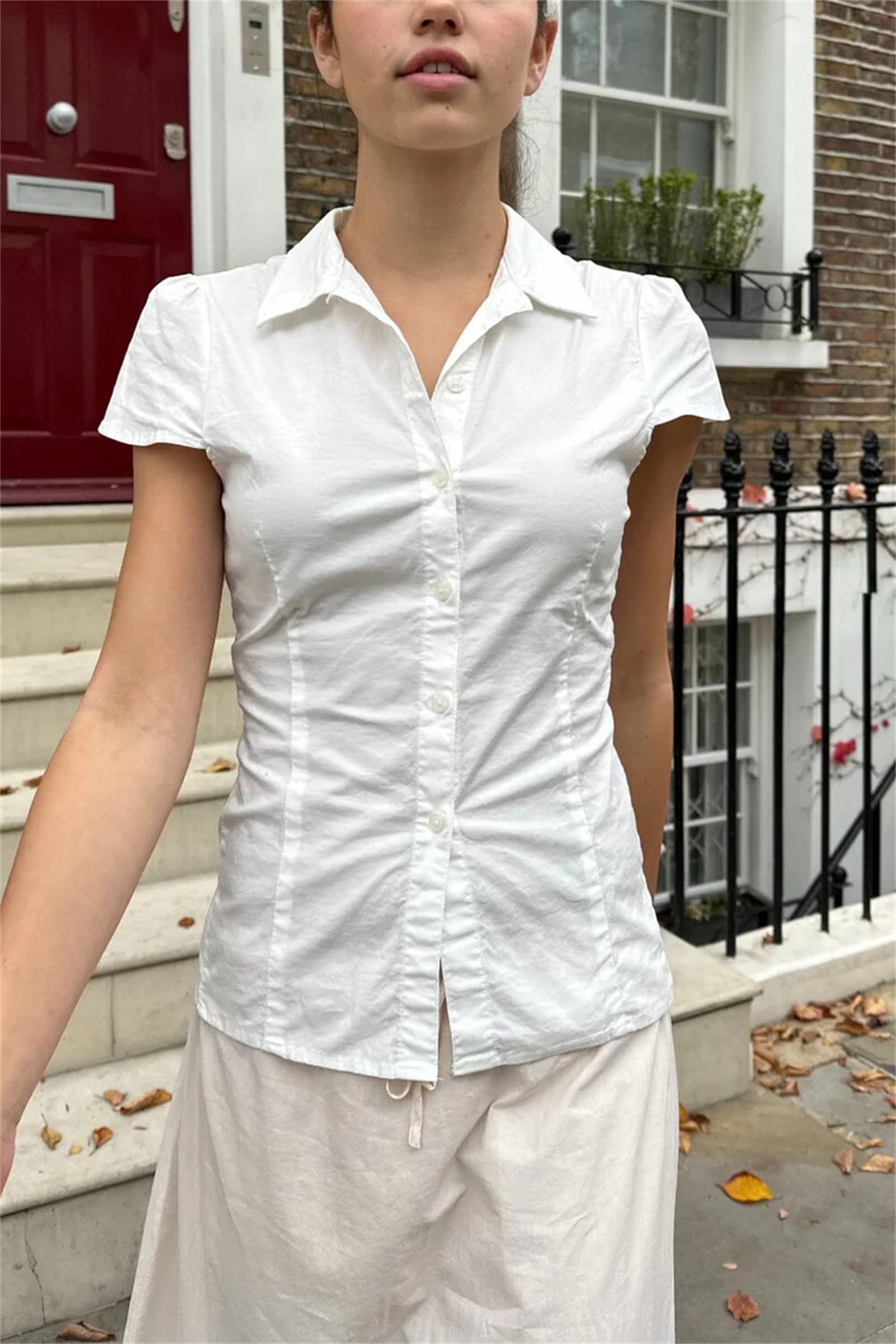 Y2k Girls Vintage Coquette Button Down Shirt Women Short Sleeve V-Neck Slim Fitted T-Shirt Cute Blouse Crop Top: White #E Medium