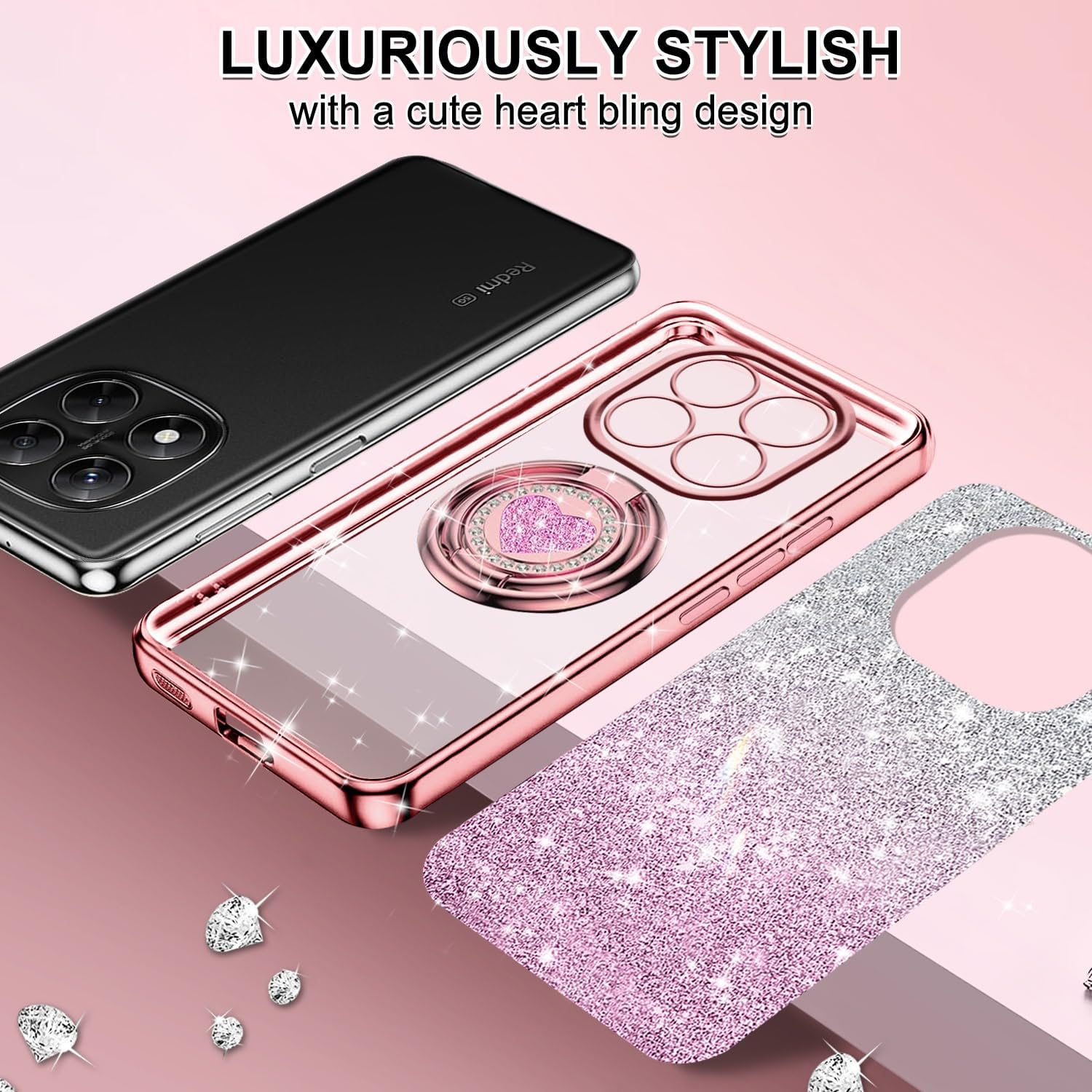 JNERBUYI Cover Glitter per xiaomi Redmi 14C 4G Trasparente, Custodia Antiurto con Elettrolitico Squisito, Cover Bumper Glitterata per Ragazze. Nero