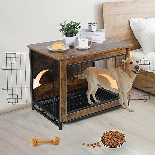 Miniatura 6 de Arlopu Muebles grandes para jaula de perro 386291 mesa auxiliar perrera mordern jaula de madera resistente para perros casa para perros mesa
