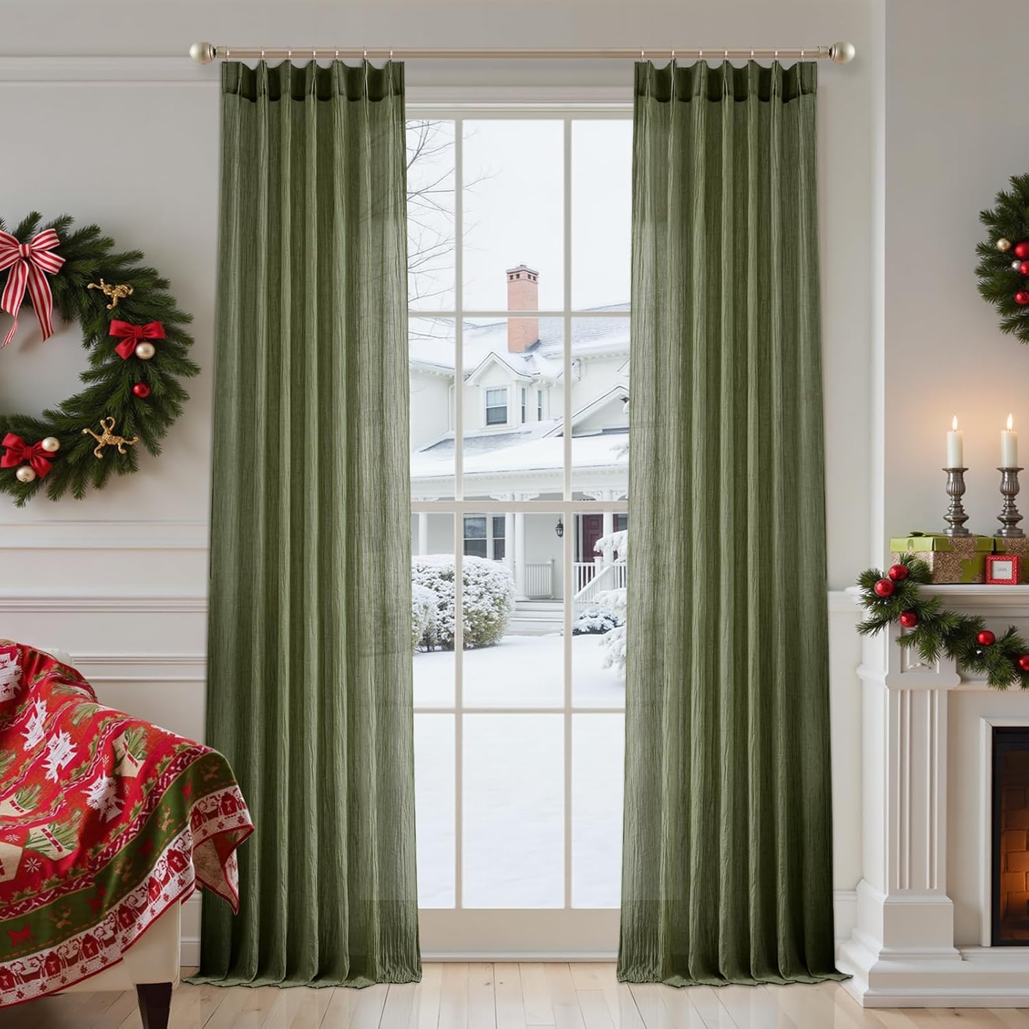 Melodieux Olive Green Sheer Curtains 63 Inch Length, Light Filtering Cafe Kitchen Curtains for Small Window, 2 Panels, Back Tab and Pinch Pleated Panels with Hooks, 40x63 Inch, Olive Green