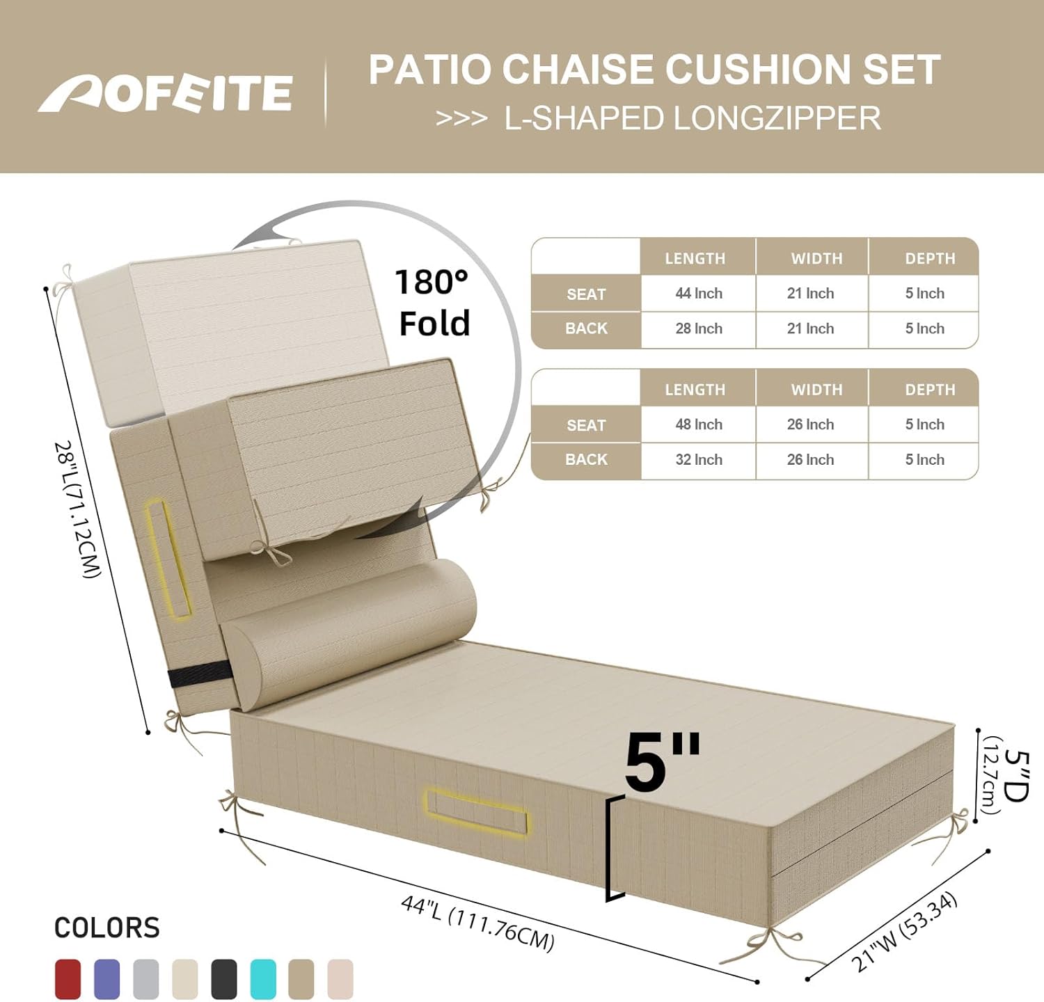 Outdoor Olefin Chaise Lounge Cushions with Pillow, 72"x 21"x5" Water Resistant and Fade Resistant Patio Furniture Lounge Chair Pads with Straps Ideal for Patio, Lawn, Garden, Beige