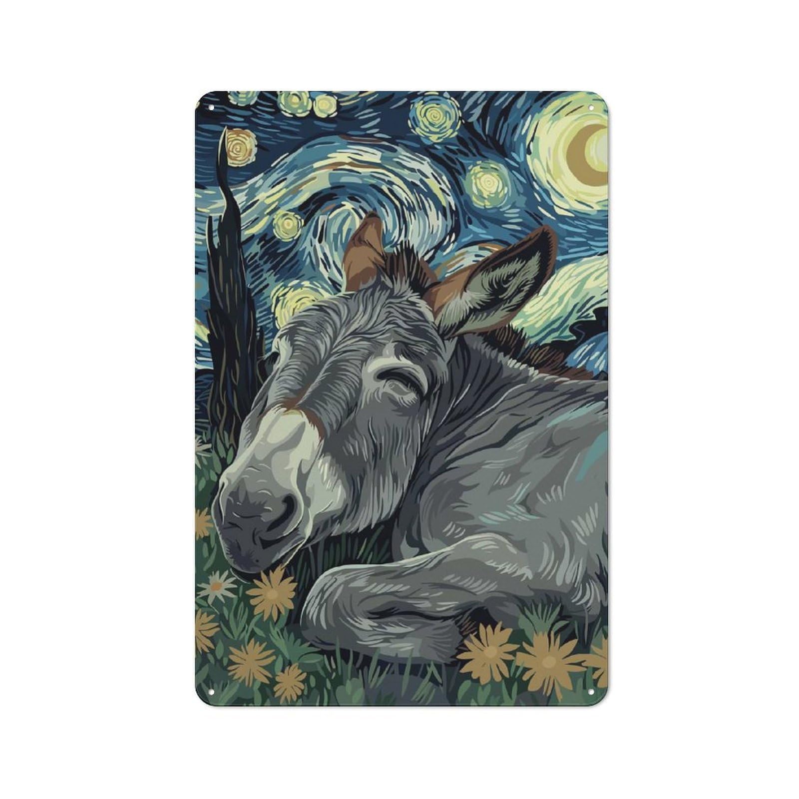 Junmoney Donkey In Starry Night Style Printed Metal Sign 30X20cm For Café Or Restaurant, For Hospitality Interior Collectors