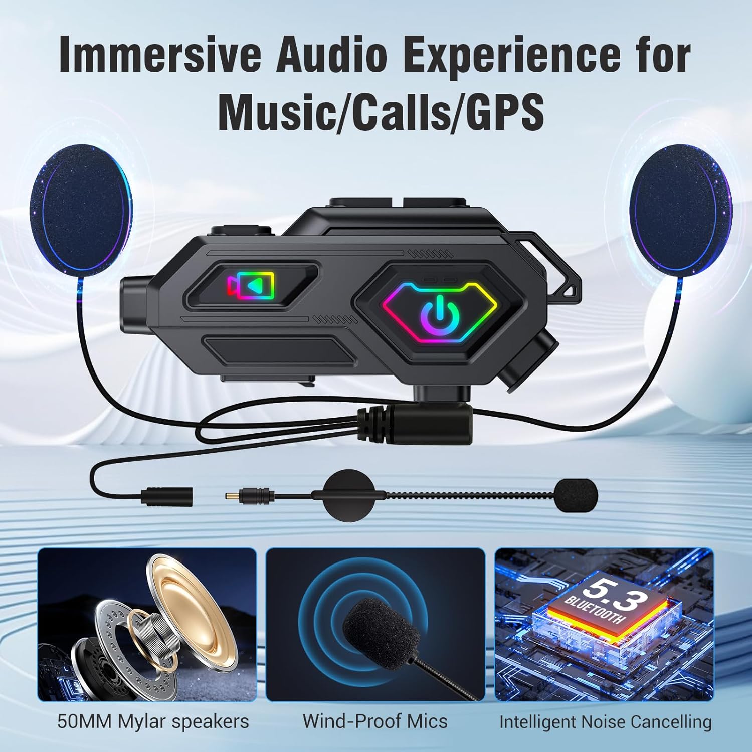 Diagram showing the EDYELL C8 Max headset with 50mm Mylar speakers, wind-proof mics, and intelligent noise cancelling technology.