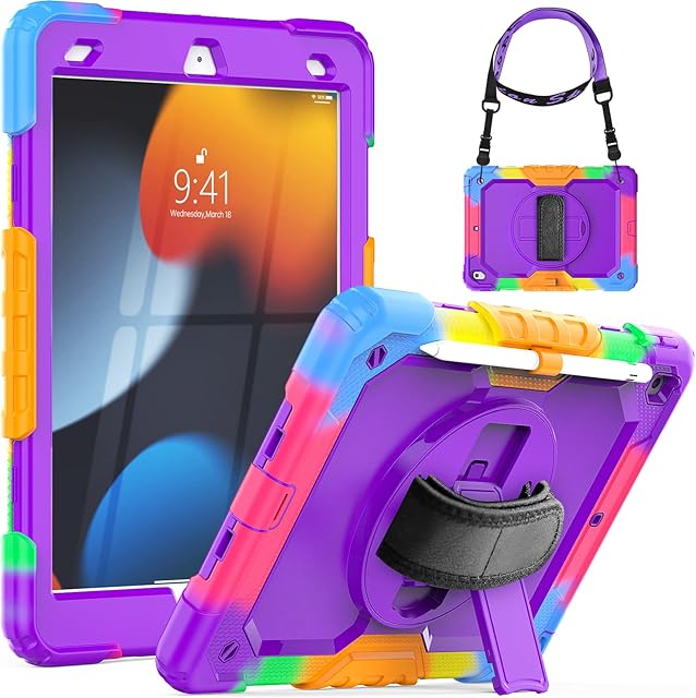 SEYMCY for iPad 9th/8th/7th Generation Case, iPad 10.2 Kids Protective Case, Full Protection with Rotating Stand Hand Strap, Shockproof Case for iPad 9/8/7 Gen 10.2 inch 2021/2020/2019 - Purple