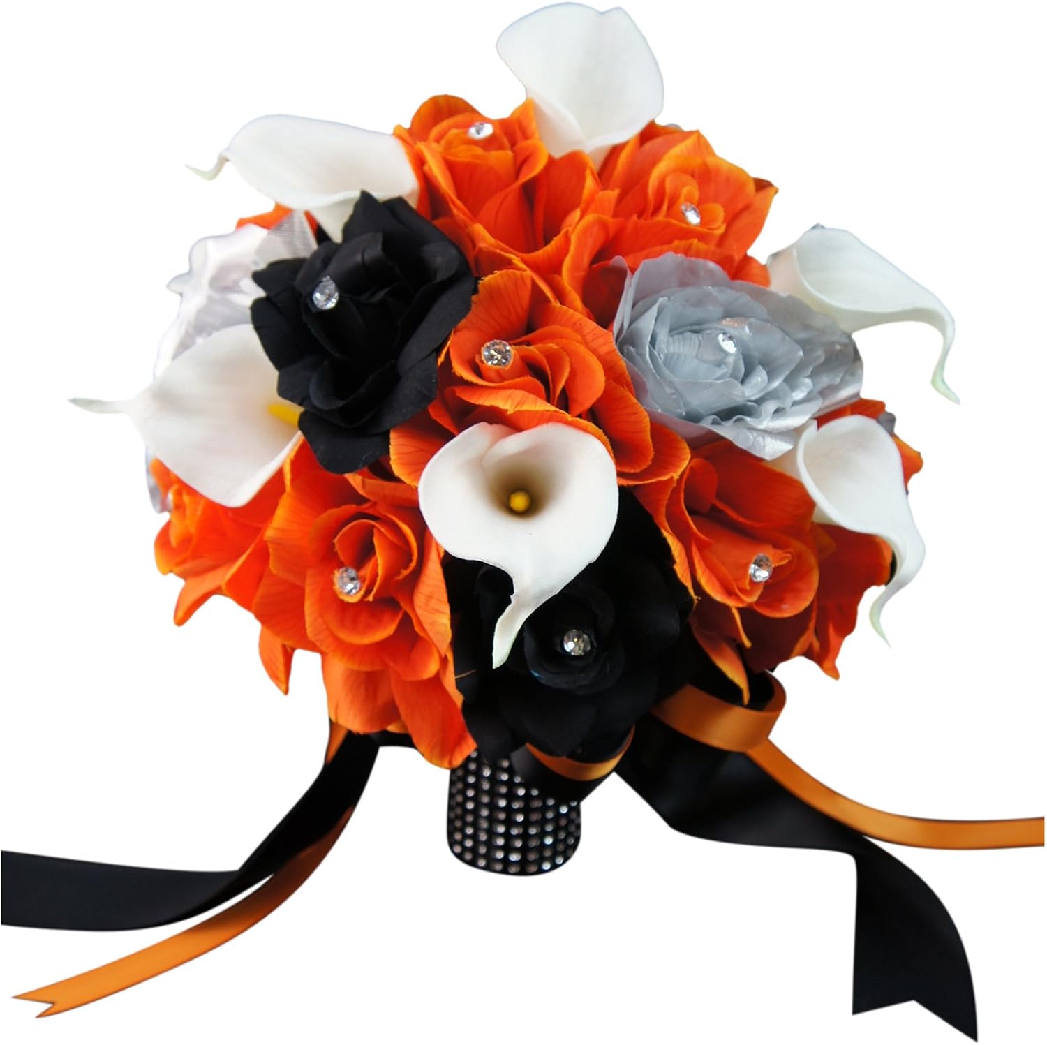 Angel Isabella 10" Large Bouquet:Orange Black and Silver Artificial Roses with Real Touch Calla Lily