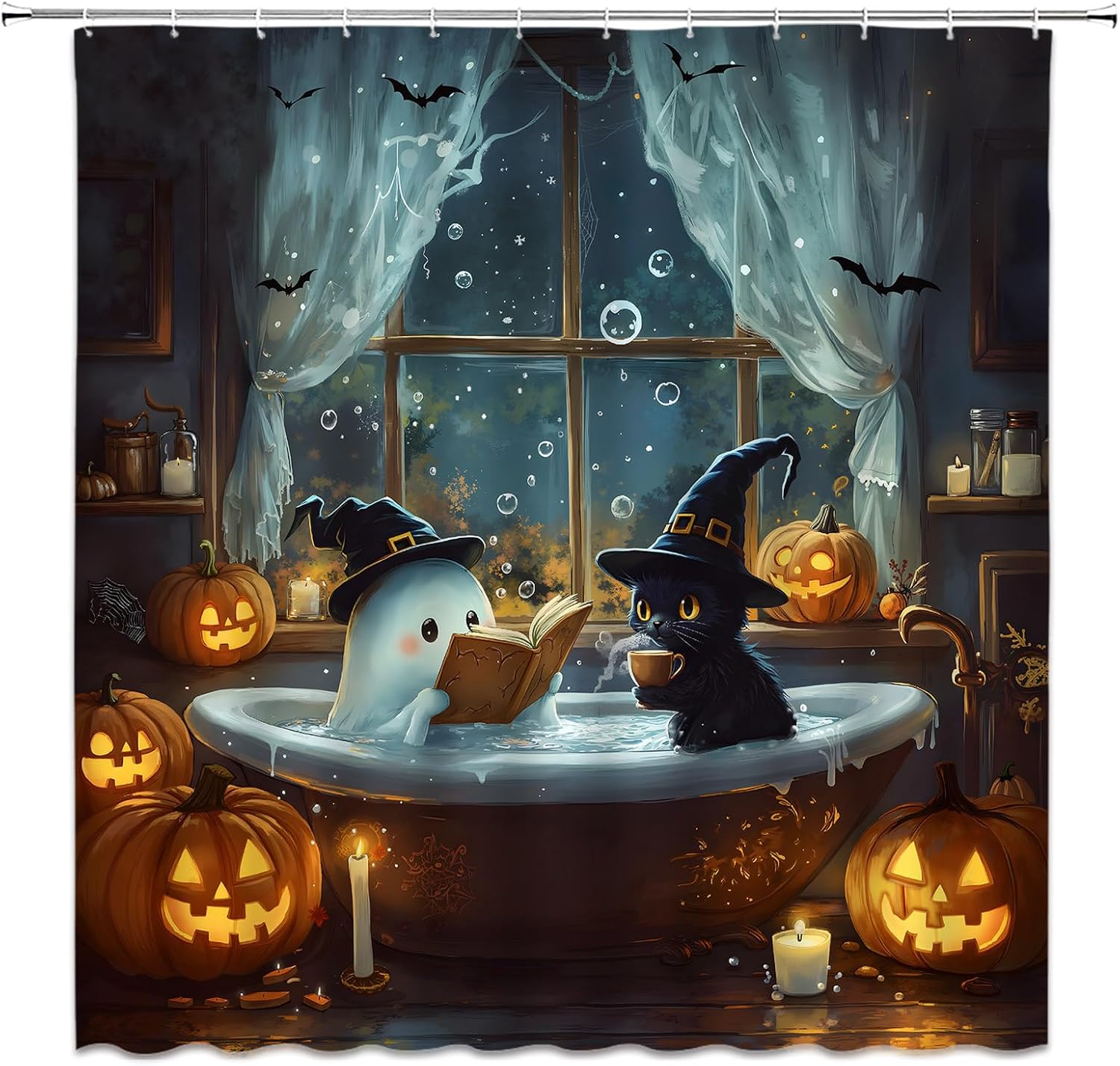 Spooky Halloween Shower Curtain Funny Ghost Black Cat Bathtub Bat Pumpkin Holiday Ambience Trick or Treat Home Fabric Bathroom Decor Set Include Hooks,(70" Wx78 H)