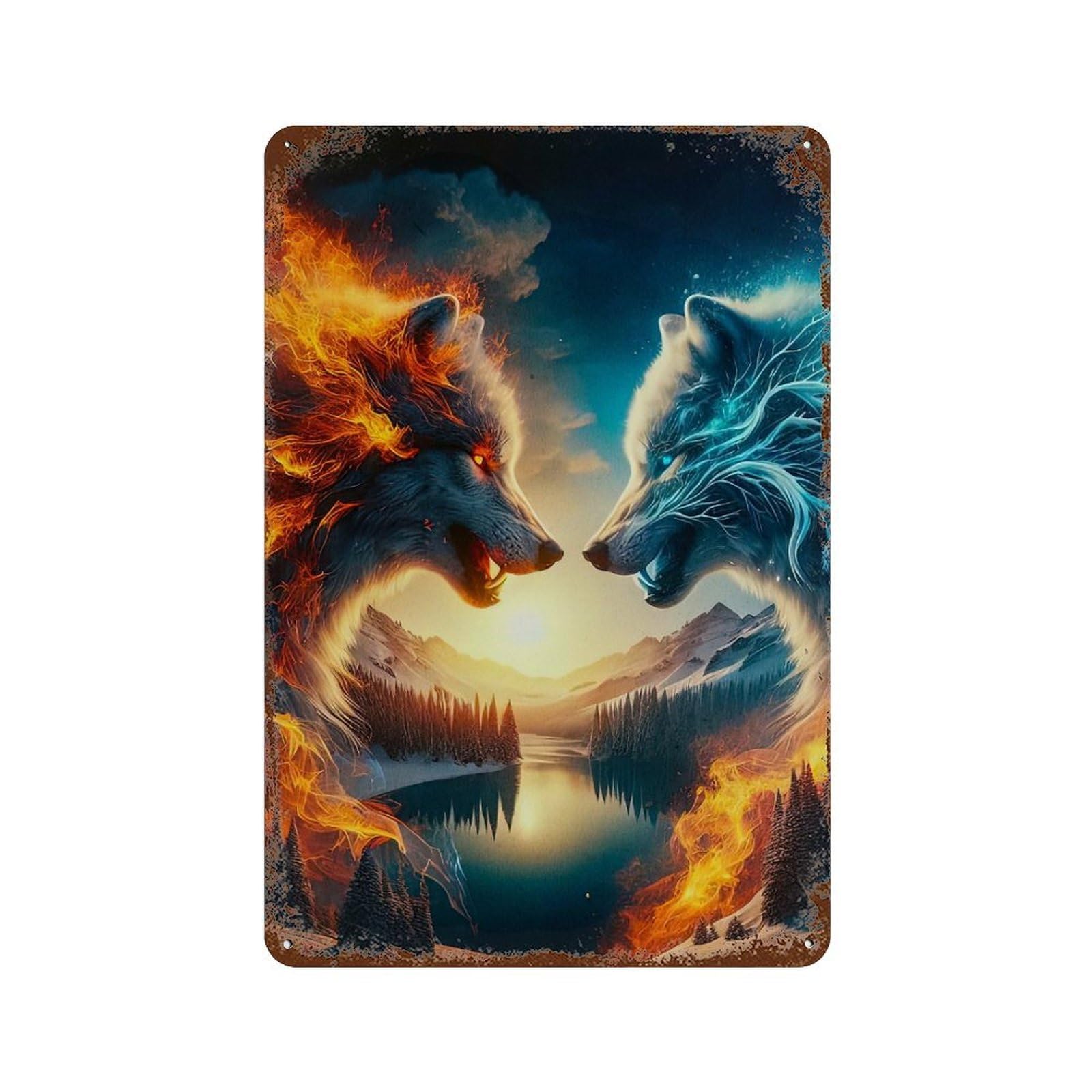 Rust Effect Fire And Ice Wolves Rustic Tin Plaque 11.8"x7.9", Industrial Home Decor for Bistro, Counter And Cafe Decor