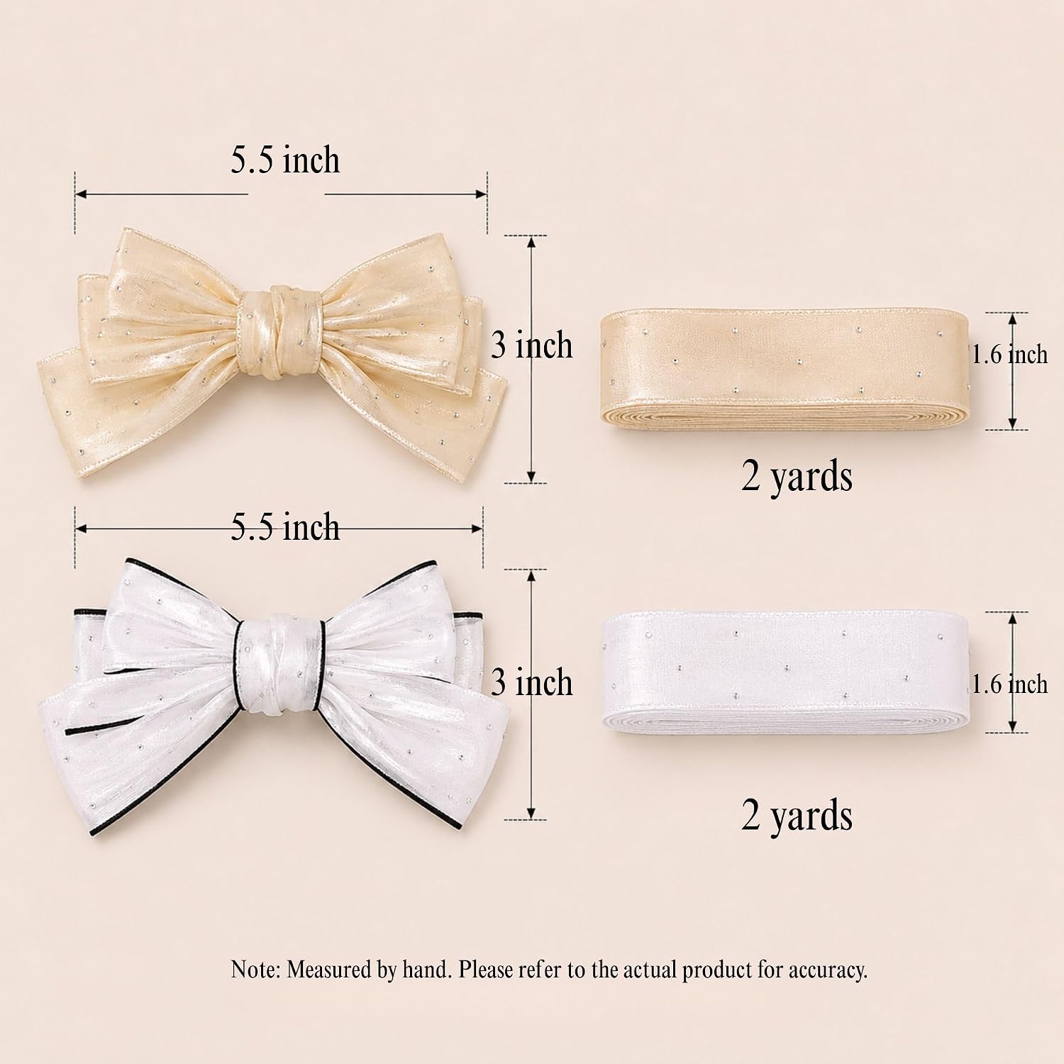 Beige White Sheer Glitter Bow Ribbon Set image 2