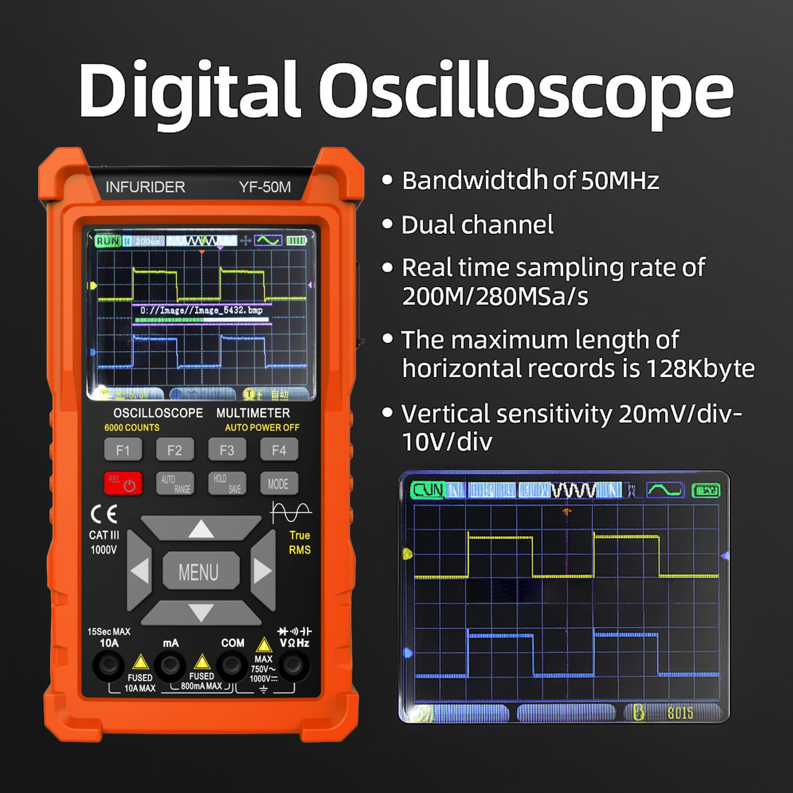 Osciloscopio digital 3 en 1 multímetro, generador de señal profesional, osciloscopios de laboratorio de 50 MHz con 2 canales, 200 m/280 msa/s, comprobador de continuidad con 6000 cuentas