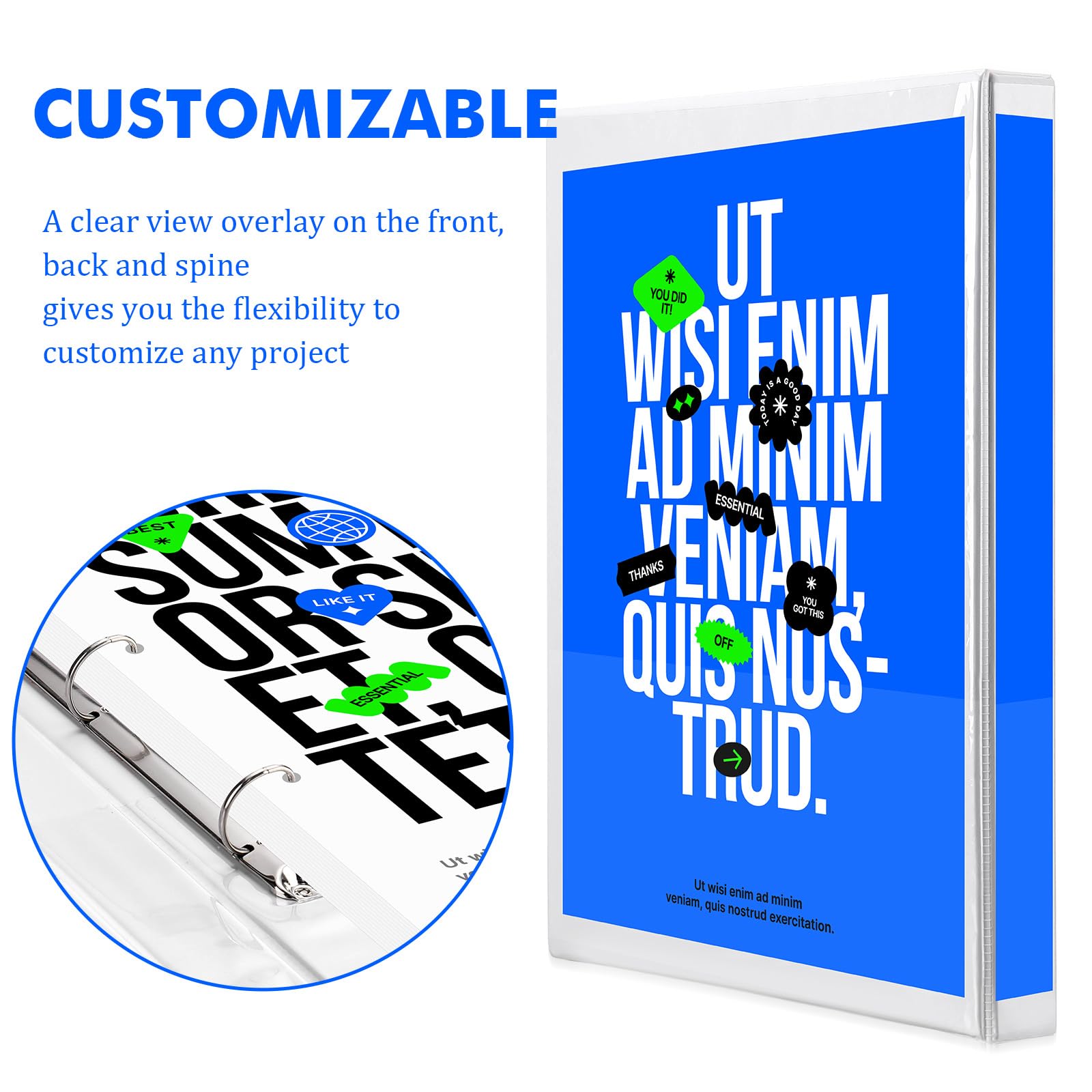 Sinload 3 raccoglitori a 3 anelli da 27,9 x 43,2 cm, con tasche, cartella per presentazioni, con copertina trasparente personalizzabile per documenti, file e progetti (bianco)
