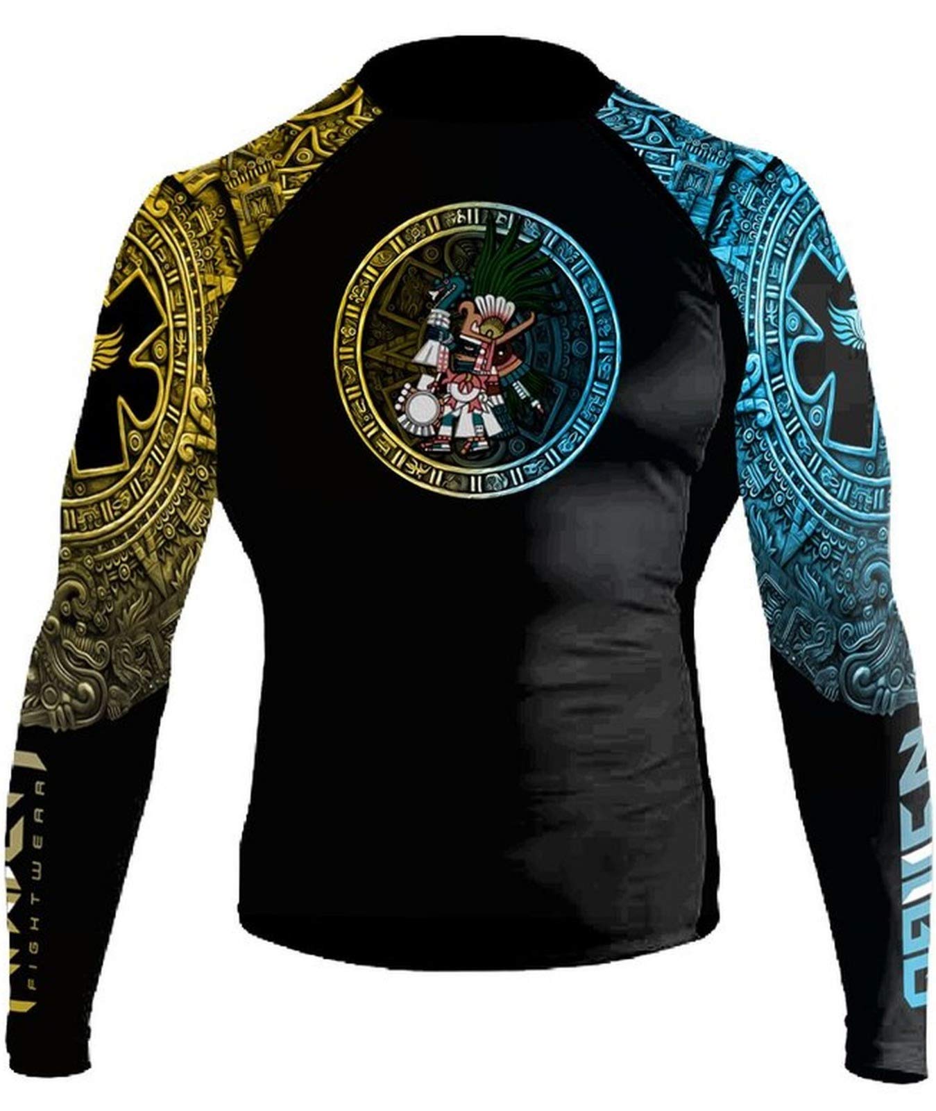 Raven Fightwear Gods of Mesoamerica Huitzilopochtli Rash Guard Men's Camicia a Compressione Manica Lunga Uomo Arti Marziali BJJ Fitness Grappling No-Gi