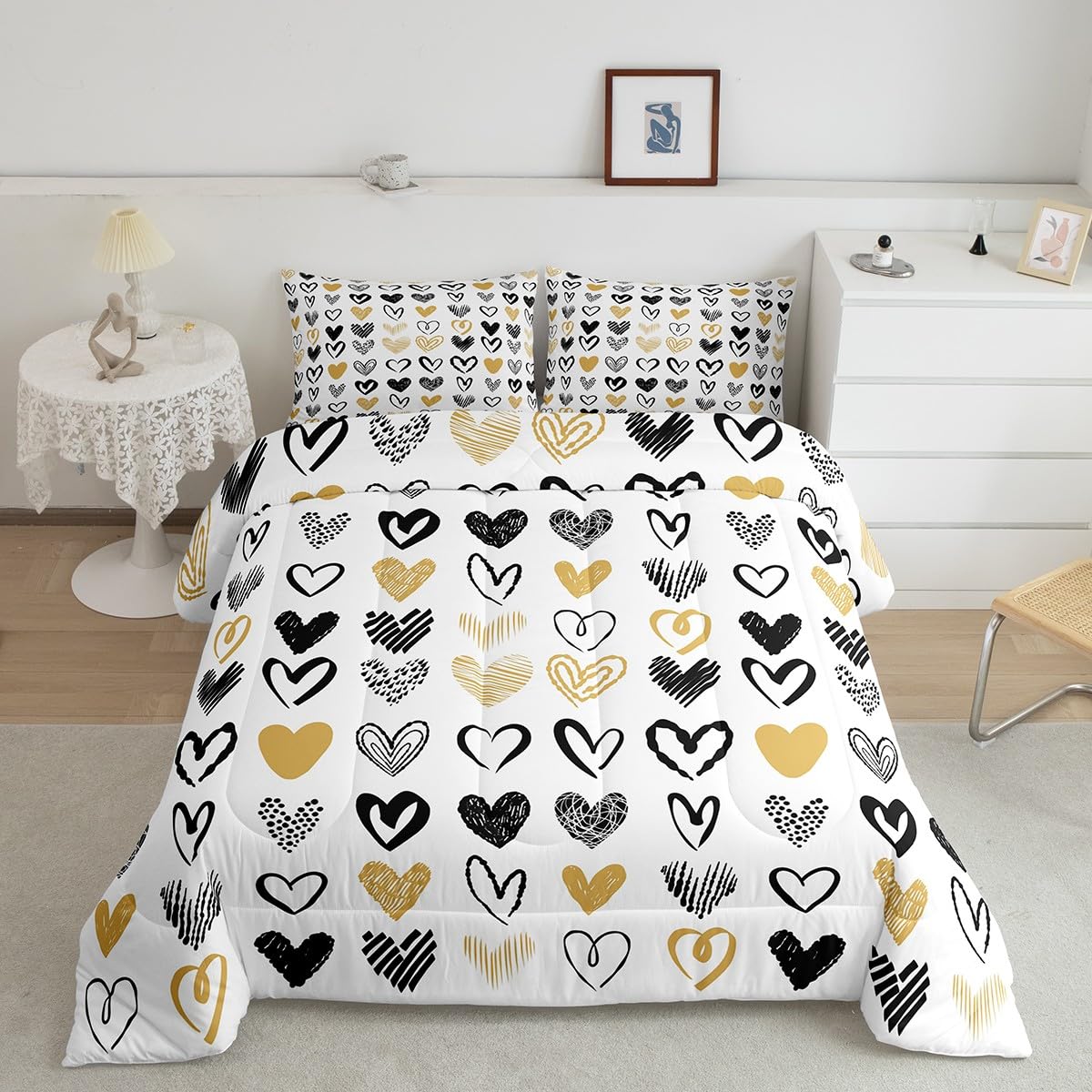 jejeloiu Love Bedding Set Kids Black White Golden Heart Shaped Comforter Set Sweetheart Romantic Comforter Room Decorations Love Heart Duvet Set Full